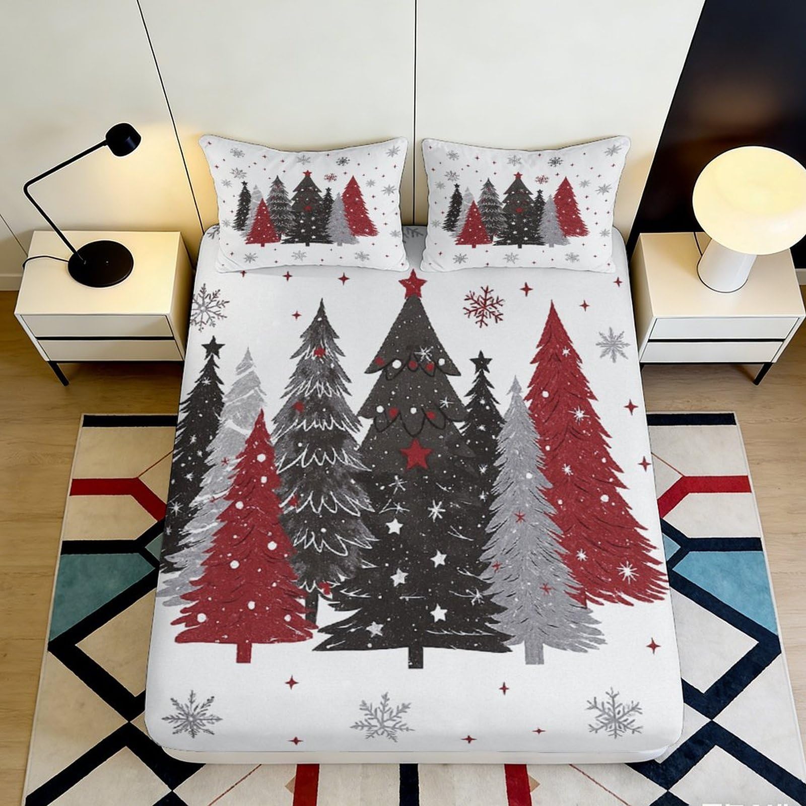 3D Printed Christmas Tree Fitted Sheet Microfiber Soft Breathable Snowflake Mattress Cover for Bedroom Guest Room Decor 200x200x25cm