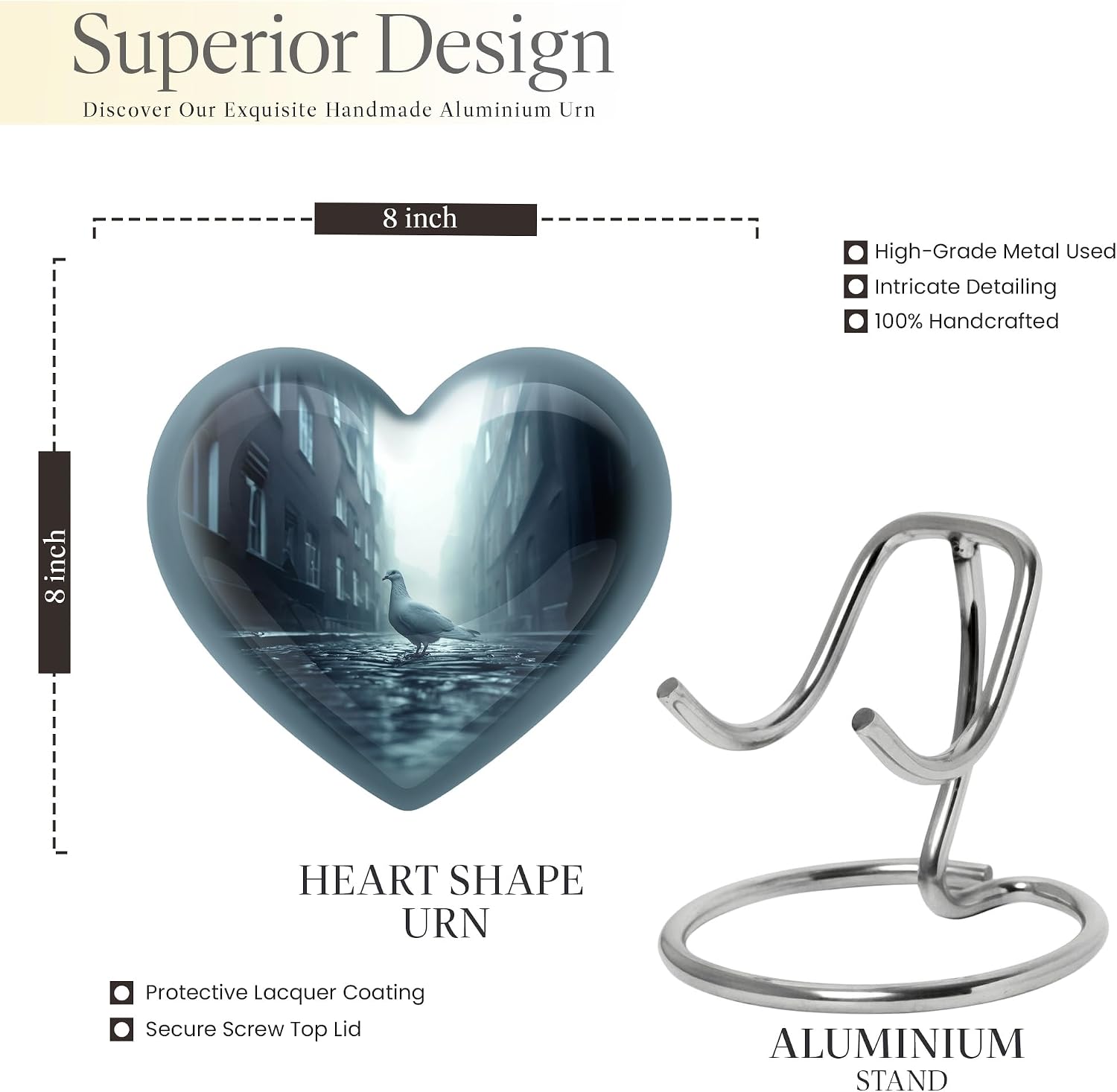 Doves in Street - Heart Shaped Urn for Human Ashes, 10 Inch Urn, Grey Urns for Human Ashes Women, Urn for Human Ashes Adult Male & Female, Urn for Ashes for Women, Large Urns for Human Ashes