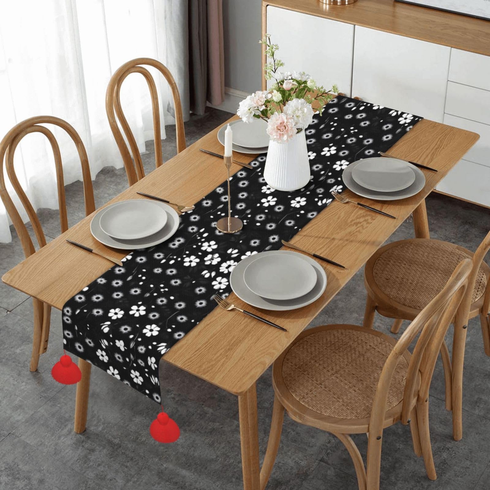 Chemin de table de Noël rustique noir et blanc, une idée cadeau textile déco parfaite