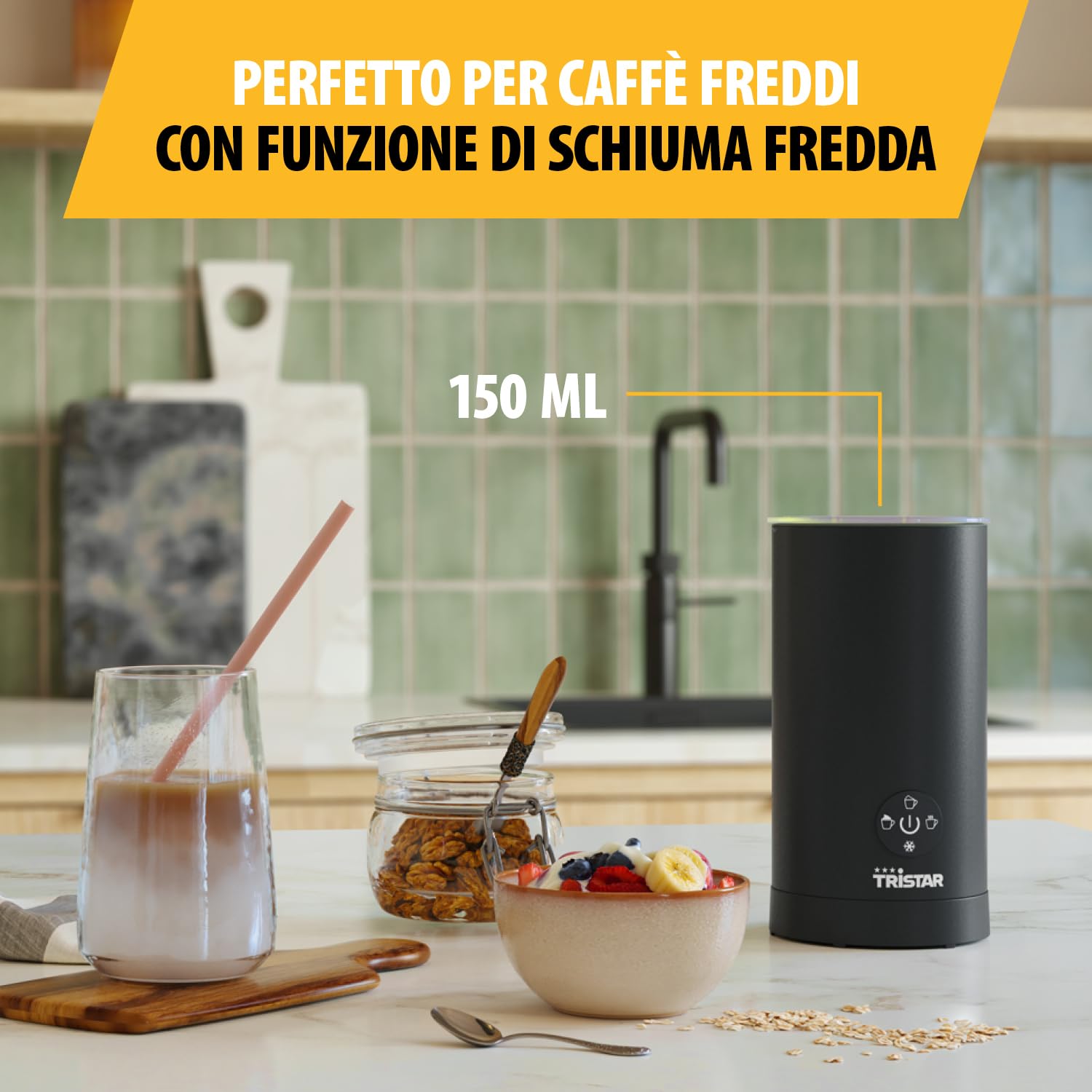 Tristar Milk Frother, Funzione 4 in 1, Potenza 500 W per Scaldare e Montare il Latte, Controllo a Un Pulsante, Caraffa Rimovibile, MK-2278