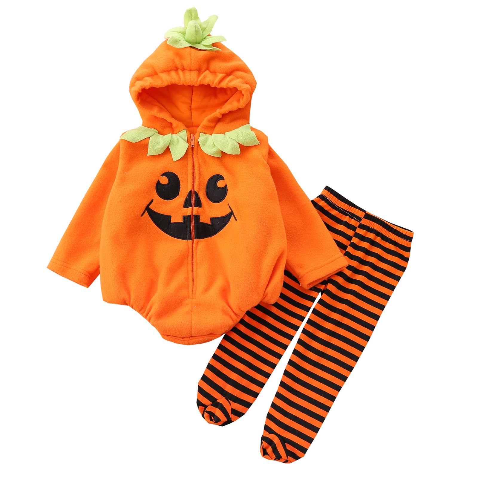 Lshyuehao Newborn Baby Boy Girl Halloween Pumpkin Costume Toddler Cute Hooded Romper Pumpkins Cosplay Tops Striped Pants Set (A-Orange, 6-12 Months)