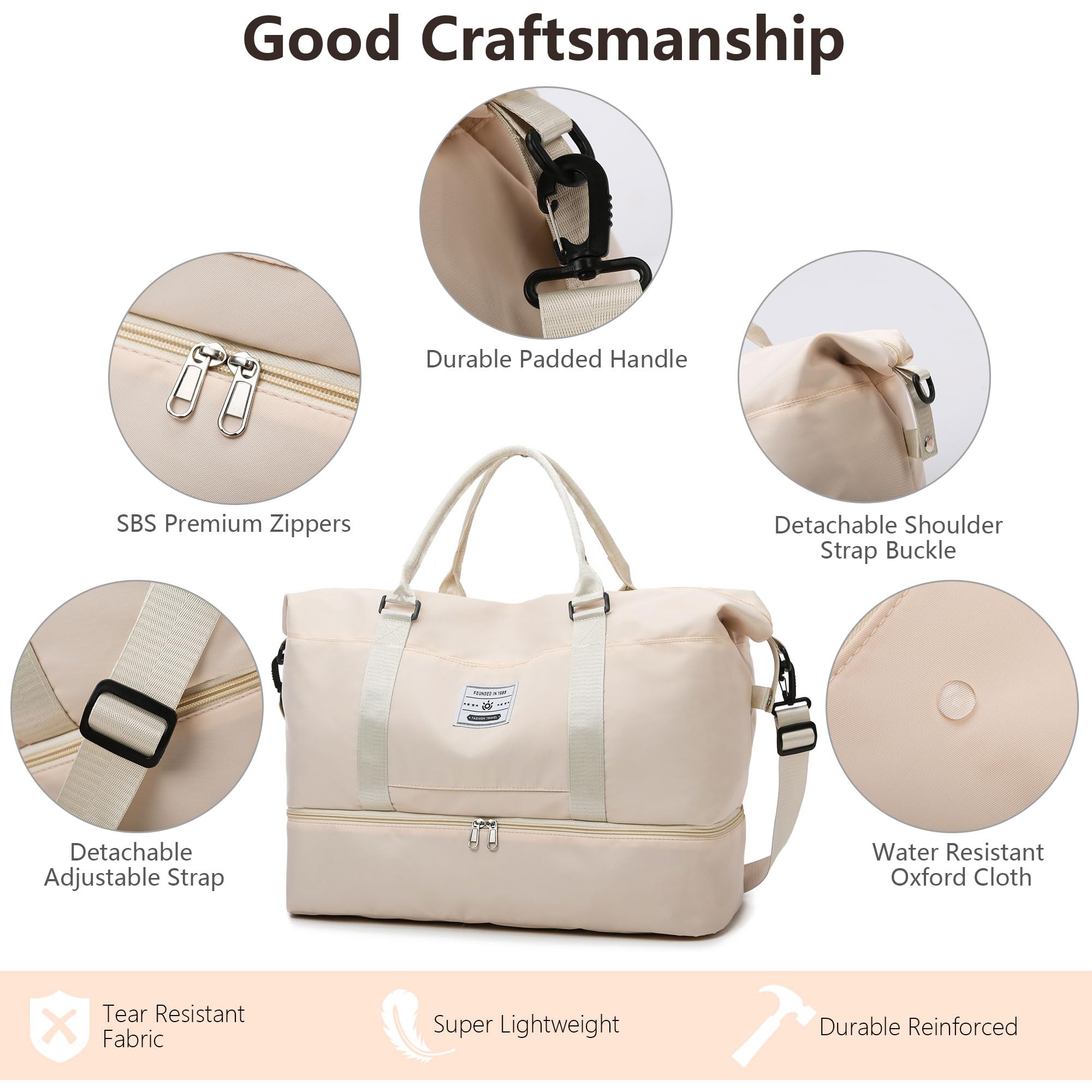 Borsoni Borsone da Viaggio Donna Borsa Palestra Bagaglio a Mano Borsa da Viaggio Sportiva Tote Gym Borsa Ospedaliera Capacità Grande Impermeabile Pieghevole per Uomo e Donna (Beige)