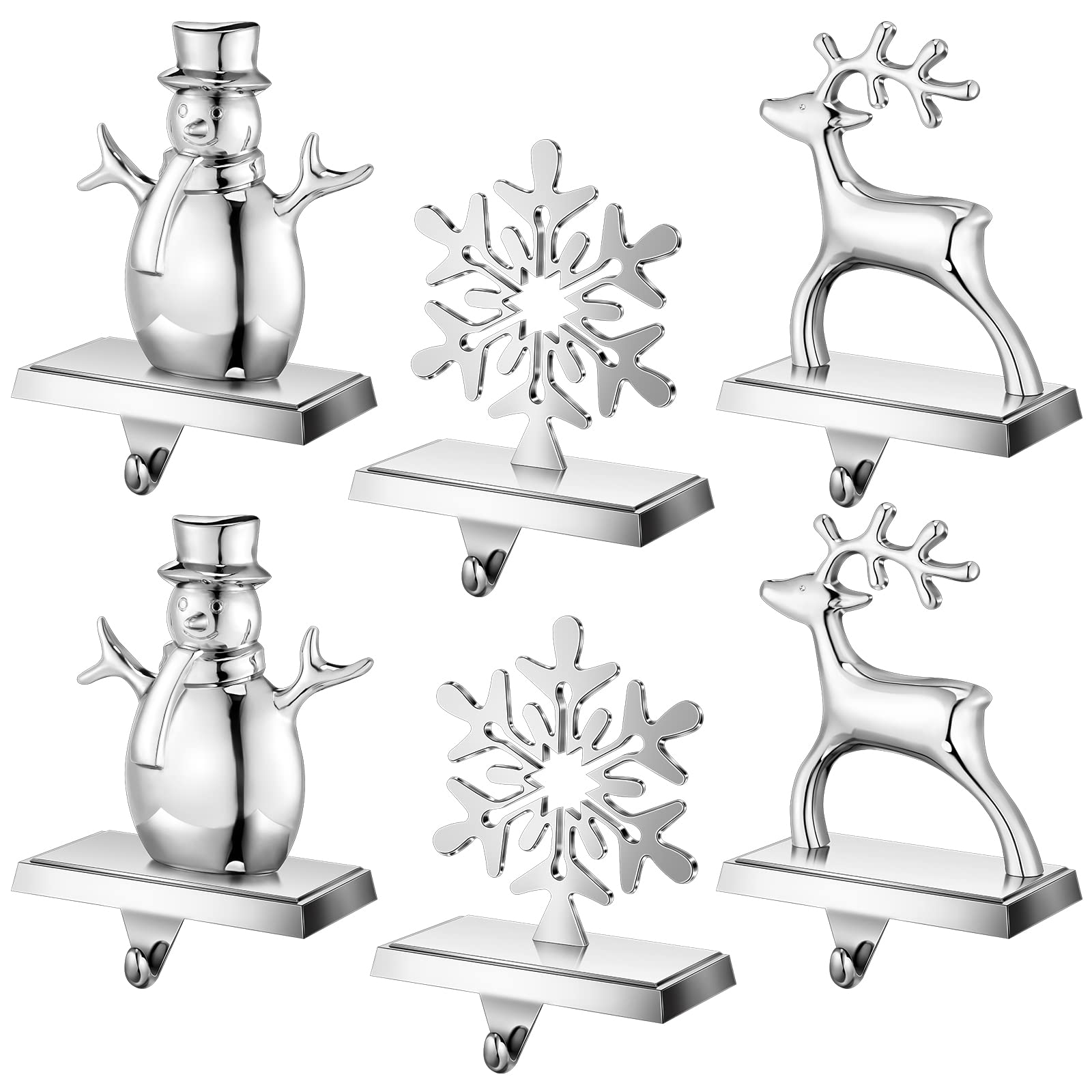 hotop 6 pack christmas stocking holders silver xmas hangers metal decorative hooks with string lights for holiday party fireplace mantle table decorations (snowflake, snowman, elk style)