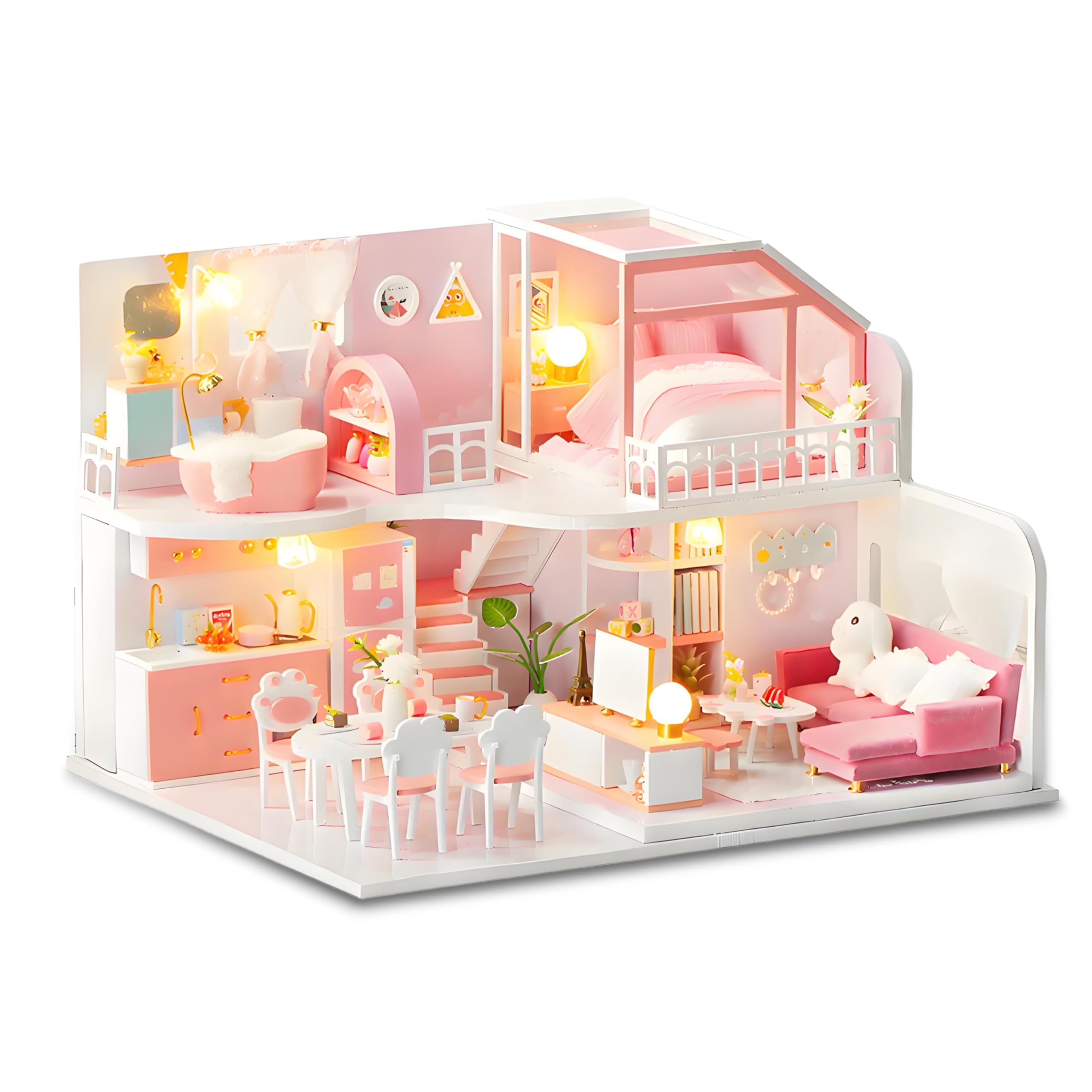 Miniaturowy Domek dla Lalek z Meblami, Drewniany Domek dla Lalek 3D DIY ze światłami LED dla przyjaciół Rodziny Dzieci (z osłoną przeciwpyłową)