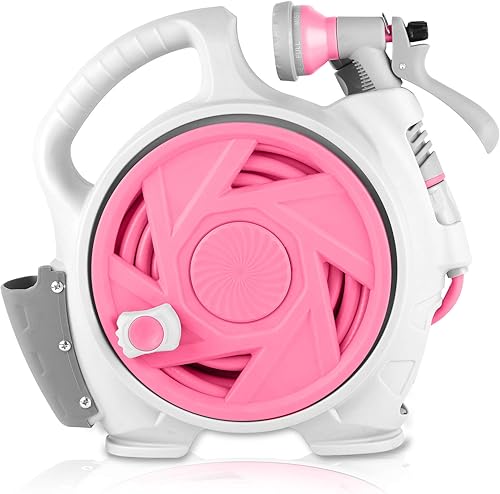 Kitness Carrete de manguera de jardín retráctil, portátil, simple para el hogar, 45+5 pies, con boquilla de pulverización de 7 patrones ajustables y