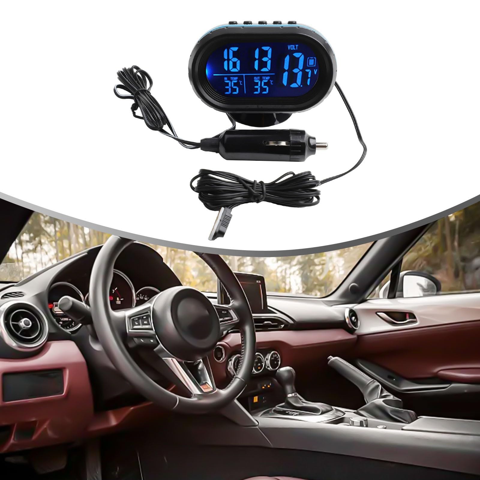12V Digital Auto Uhr Thermometer Hygrometer Voltmeter mit Temperaturanzeige Innen/Außen, Batteriespannung Überwachungsalarm, Multifunktions Wetterstation für KFZ LKW, Blau/Orange(blue)
