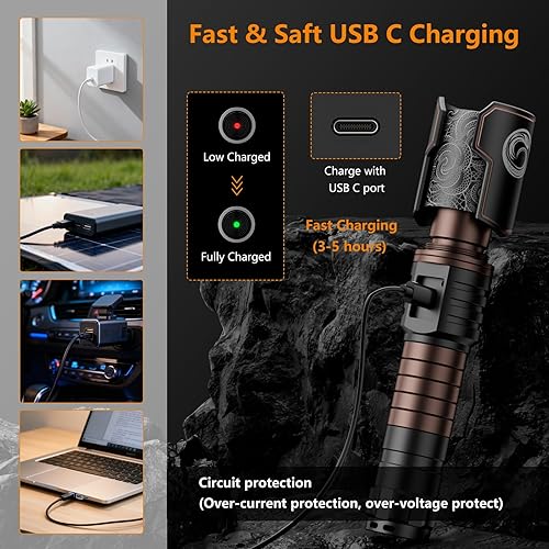 Miniatura 7 de SKYFIRE Linterna recargable con lente de encendido Linternas pequeñas de lúmenes altos LED con zoom con 6 modos IPX6 Luz de flash potente de mano