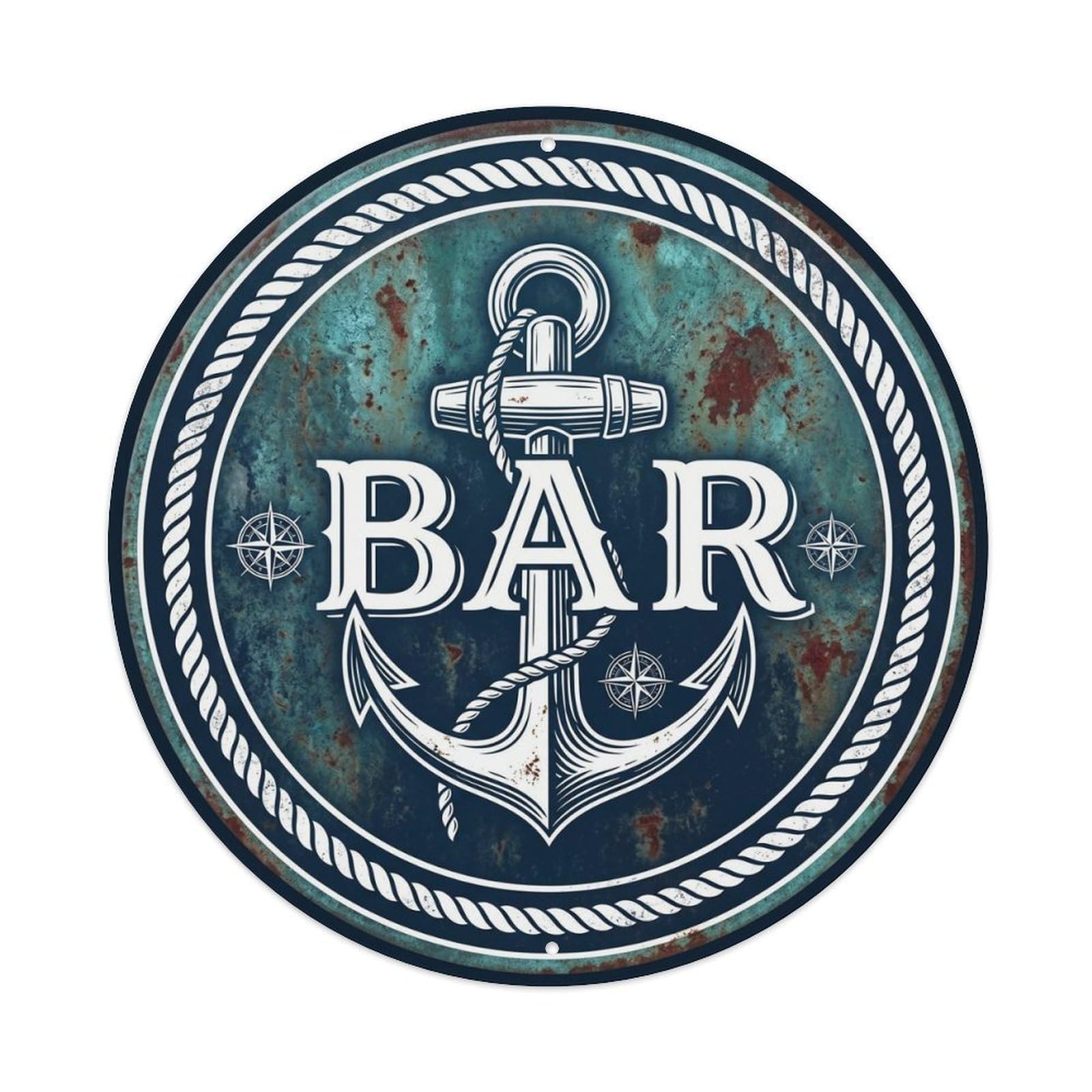 BAR Nautical Anchor Emblem Metal Tin Sign Plaque Wall Decor for Cafe, Club Bar, Office, Home Garden Round Metal Poster 8x8Inch