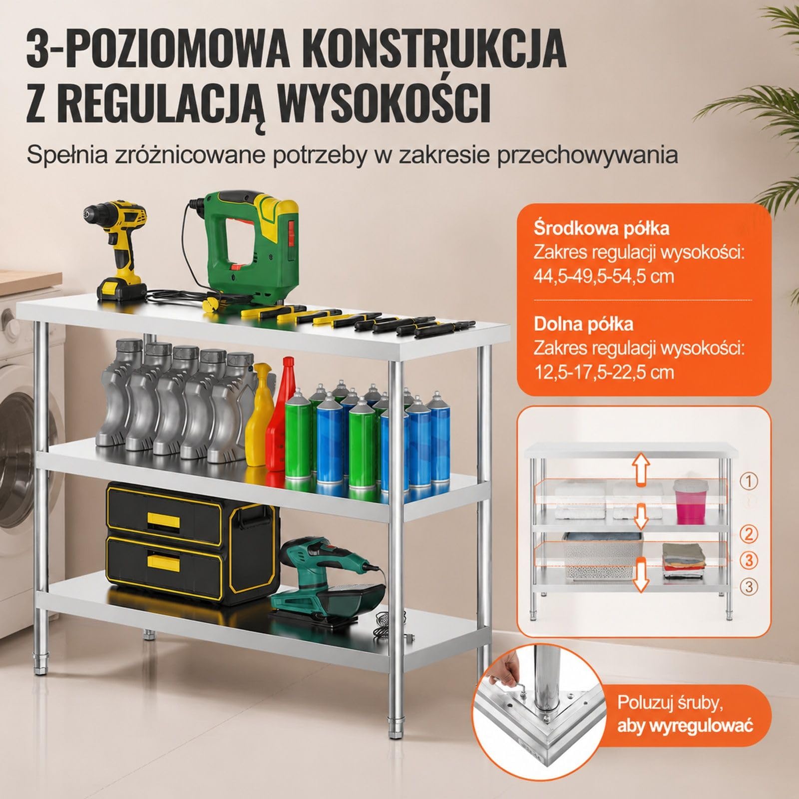 Stół roboczy kuchenny ze stali nierdzewnej z 2 regulowanymi dolnymi półkami do grilla, kuchni i domu