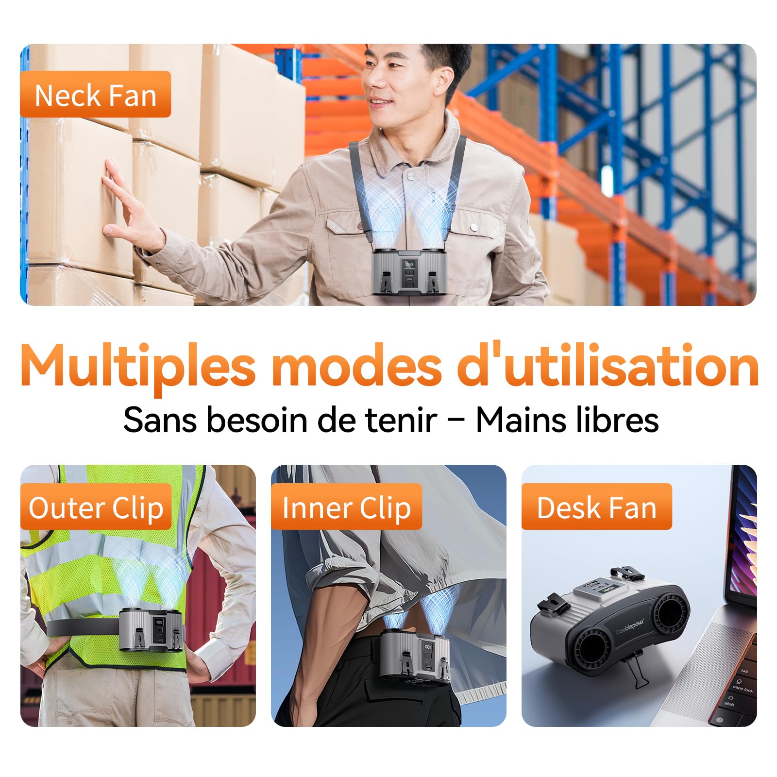 Doublepow 24000mAh Ventilateur Portable Ceinture, Ventilateur Clip Rechargeable 10 Vitesses 45H, Double Moteur Conduit d'air, Cooling Cou et Taille, pour Travail Extérieur, Voyages, Chargeur Téléphone