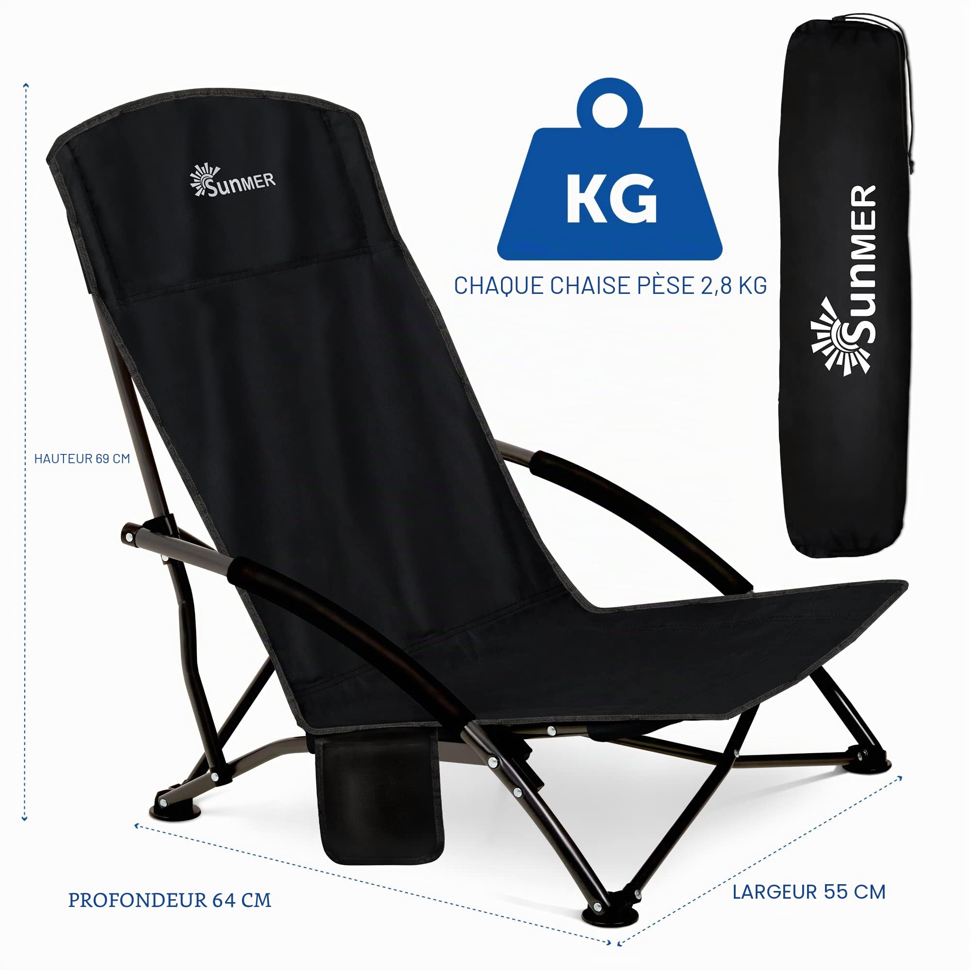 SUNMER Lot de 2 chaises de Plage Pliantes avec Poche latérale et Sac de Transport – Chaise de Camping Basse Pliable, compacte, légère, Portable, capacité de 120 kg – Noir