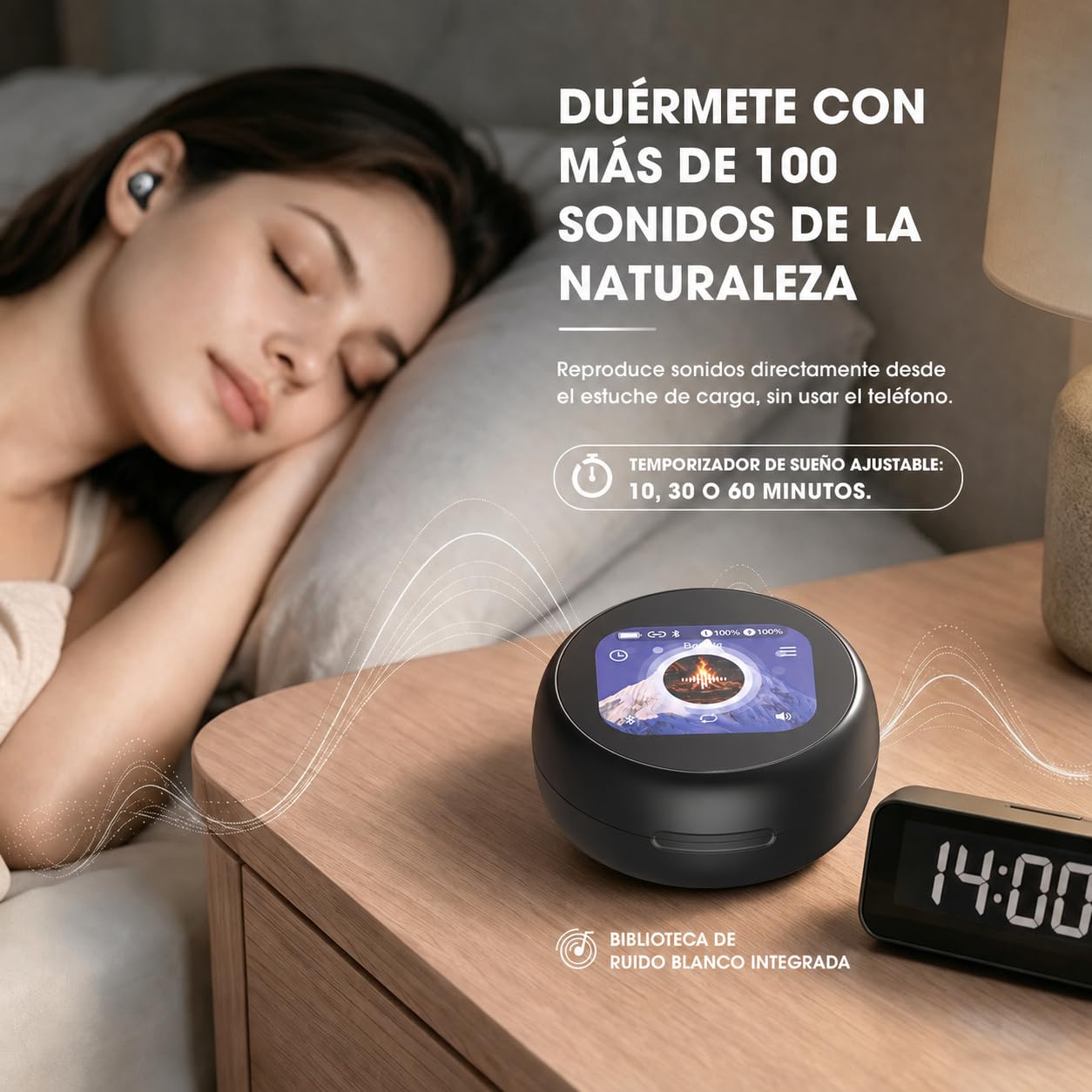 NE90 Auriculares inalámbricos para dormir, funda de carga táctil con reproducción de ruido blanco integrado, Bluetooth 6.0 gemelo, auriculares ligeros para dormir de lado, viajes y conversaciones de