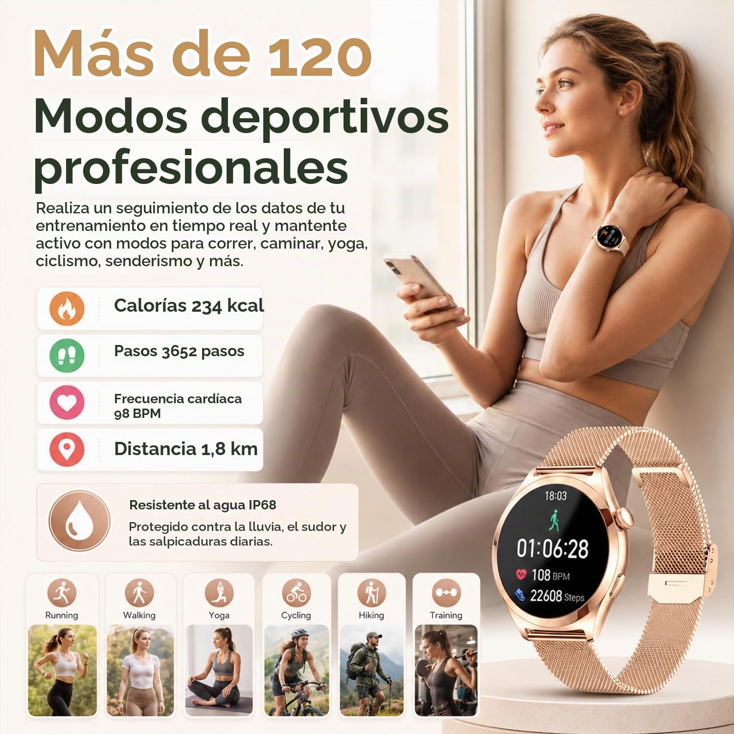 Reloj Inteligente Mujer con Llamadas Bluetooth, 1.27" Smartwatch con Podómetro/Pulsómetro/Monitor de Sueño, 100+ Modos Deportivos Smart Watch, IP68 Pulsera Actividad para Android iOS, Rosa Oro