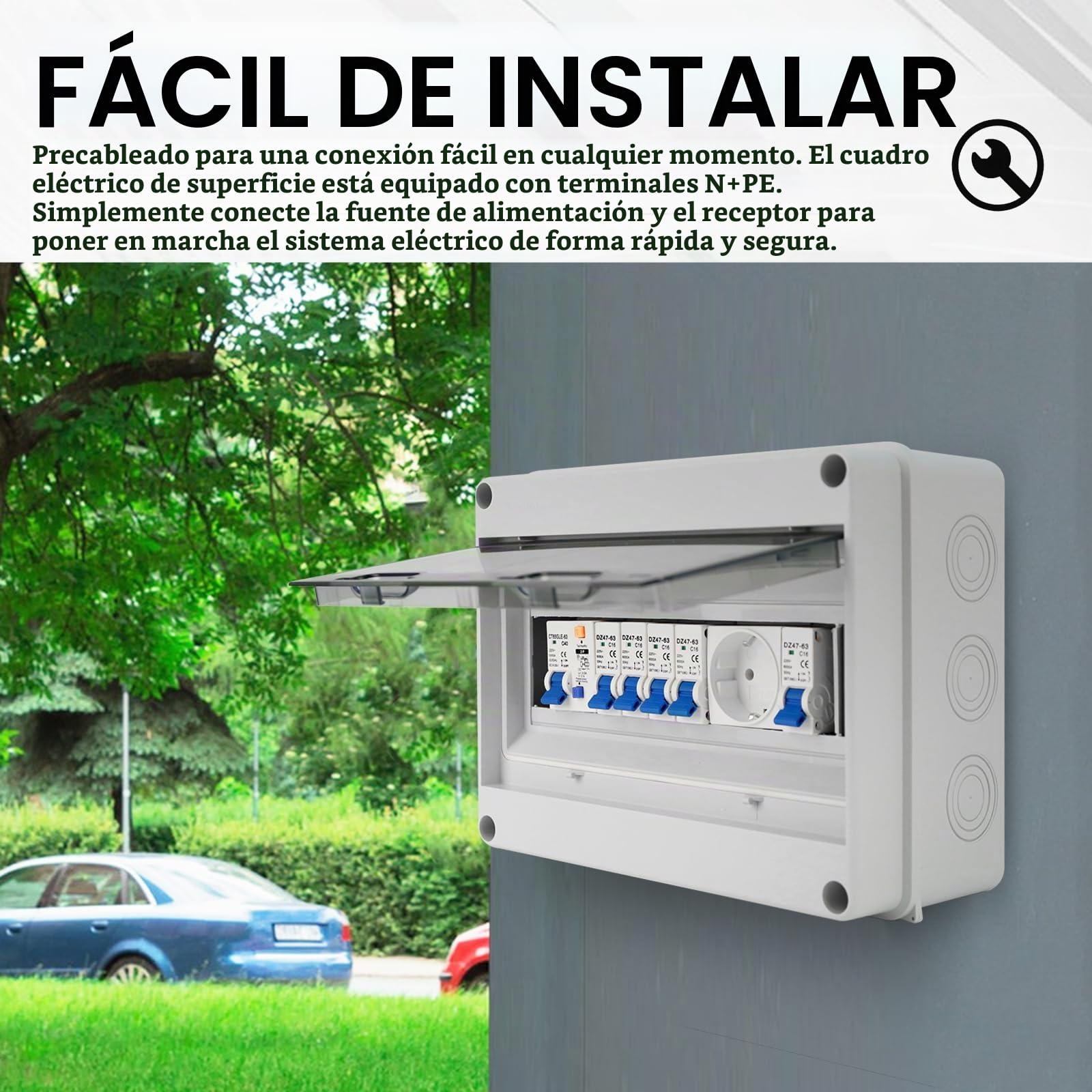 Caja Distribución Montada Superficie, Caja Fusibles Superficie Armario Distribución Ip65 Caja de Distribución Eléctrica con Disyuntor 230V FI 40A 2P y Toma de 16A Distribuidor de Corriente Fuerte
