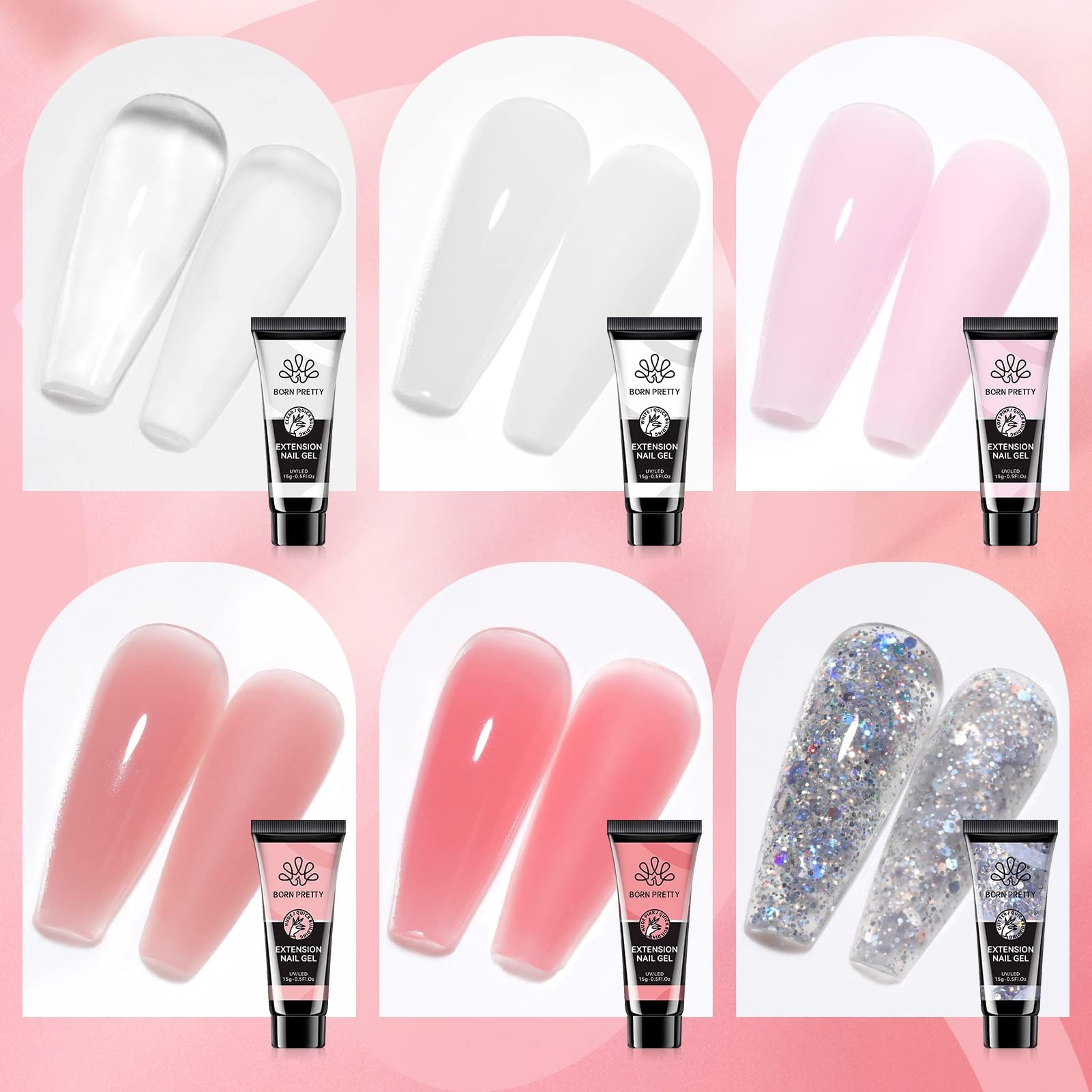 BORN PRETTY Polygel Starter Set mit UV Lampe 6 Farben Transparent Weiß Nude Rose Glitzer Polygel Nägel und Slip Solution Nagelset Gelnägel Starterset Base Top Coat Acrylnägel Nagelverlängerung Kit