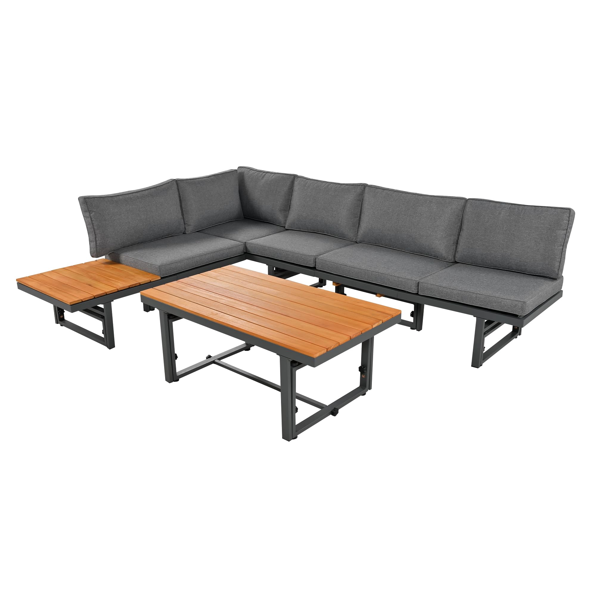 Conjunto Jardin Exterior de 3 Piezas con Mesa Regulable y Respaldo Ajustable, Sofa Terraza Exterior Modular con Cojín Blando y Estructura Metal, Muebles Jardin, Garden Furniture, Gris
