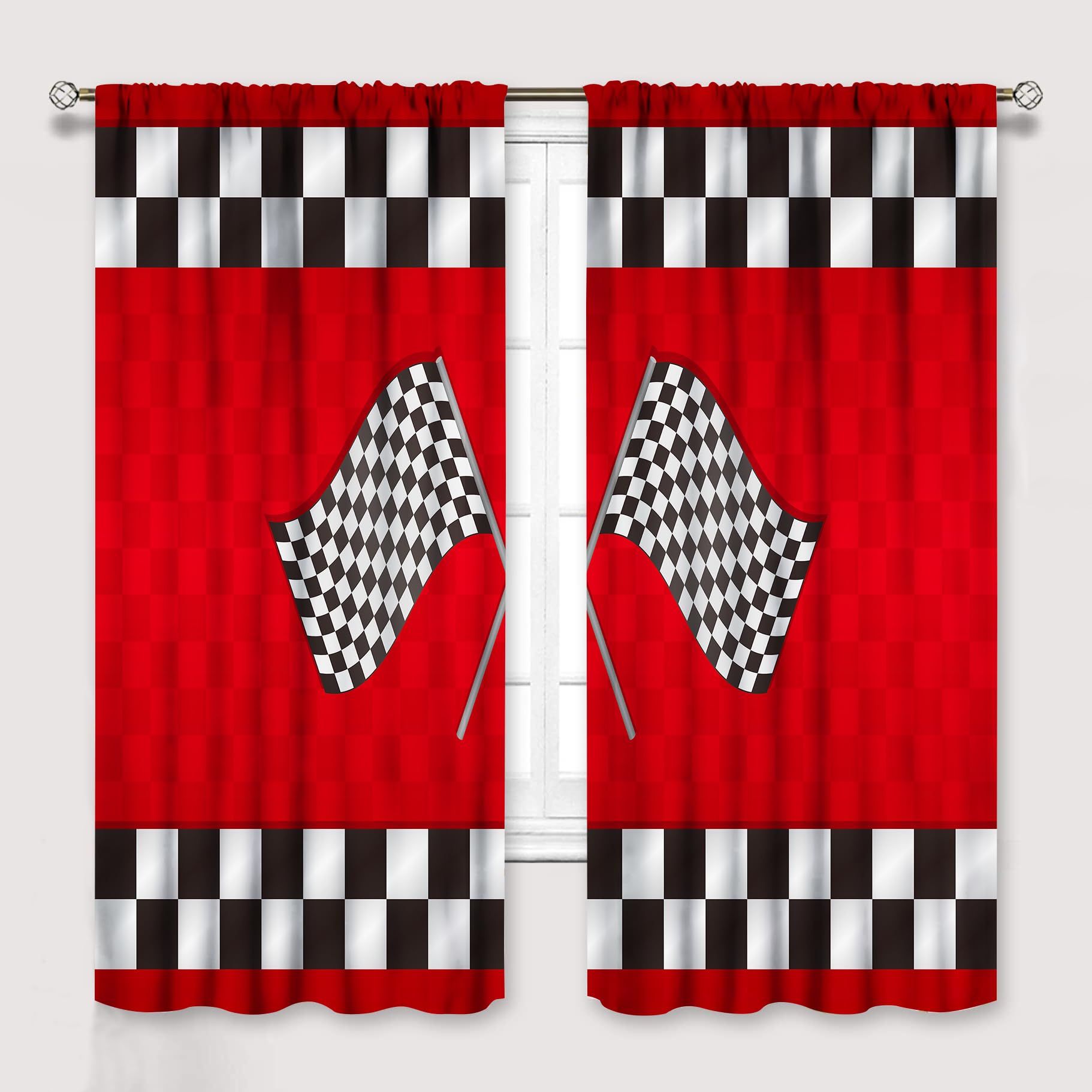 YCness Racing Car Kids Curtains, Boys Construction Vehicles Window Treatments for Boys Bedroom,Red Racing Flag Drapes 2 Panel Sets,42x63 Inch