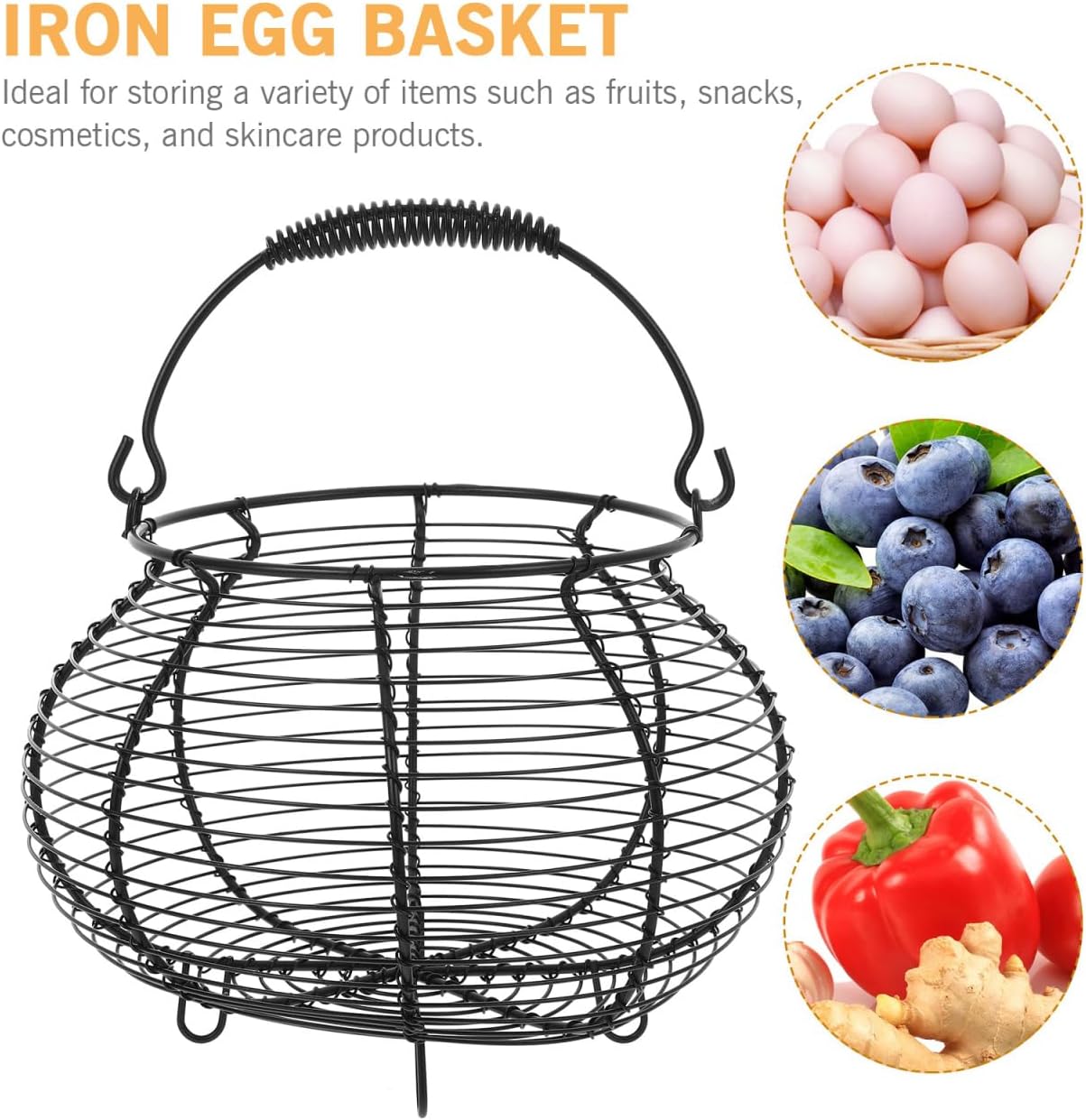 Metal Wire Egg Basket Easter Farmhouse Round Iron Fruit Basket with Handle Egg Food Collecting Holder Countertop Kitchen Storage Rustic Table Spring Festival Party Centerpiece Decor, Black