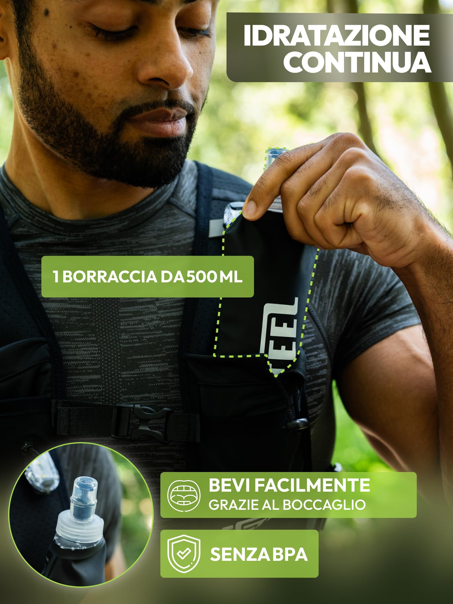 Giubbotto Running Idratante Riflettente LED Recheargeable, Porta Bottiglia d'acqua Regolabile, Gilet leggero, Borraccia Idratante 500 ML per Escursionismo, Trail