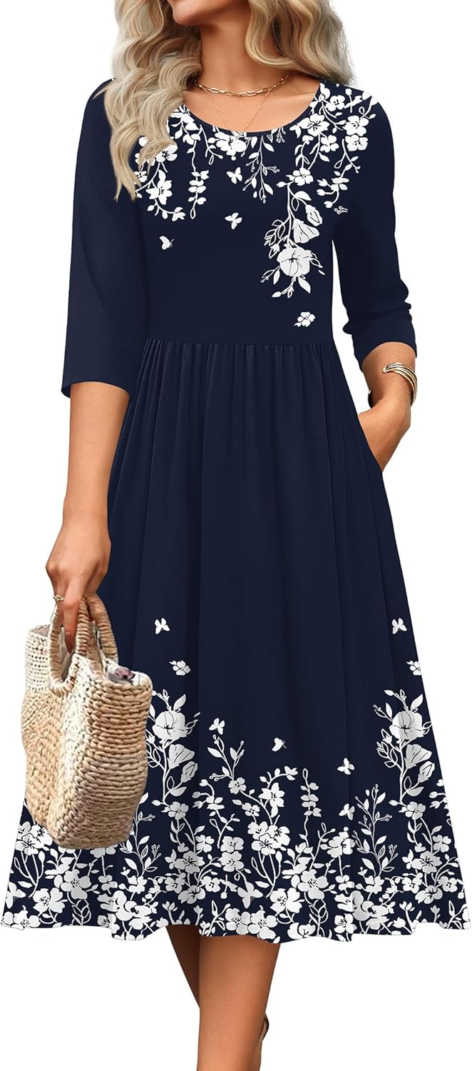 Zeagoo 3/4 Sleeve Women's Dress Casual Flowy A-Line Midi Tshirt Dresses with Pockets Crewneck Vocation Boho Beach Sundress - Image 2