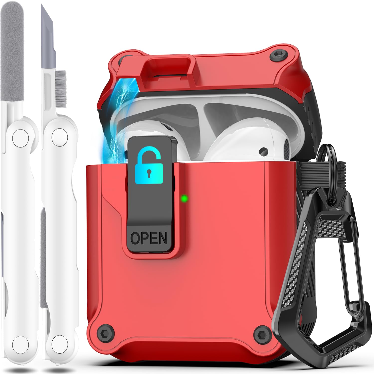 R-fun Charging Case Cover for AirPods 2nd Generation 2019, 1st Gen 2016, Full Protection Pop Up Auto Cover Design for Apple Airpods Case with Cleaner Kit and Keychain, Red