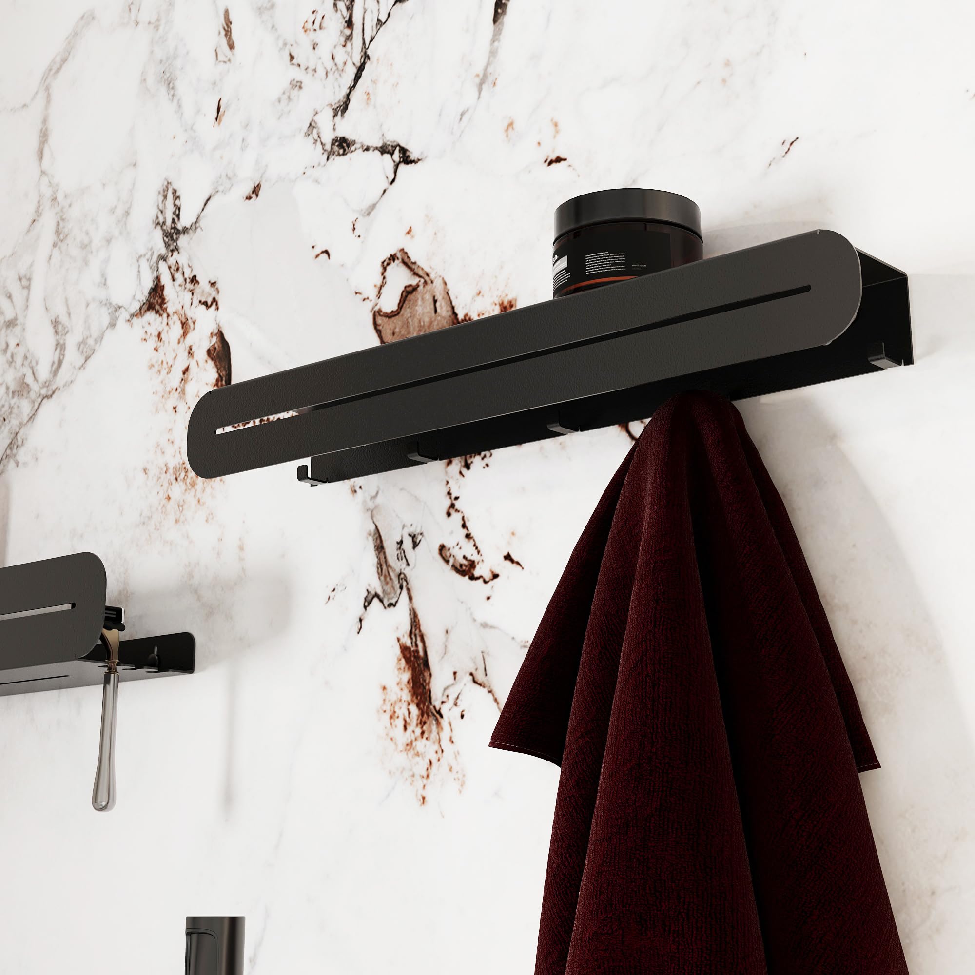 Estantería de pared para baño con ganchos, juego moderno de 2 piezas – Estante de ducha y estante con toallero de metal negro con recubrimiento en polvo – ducha, baño, cocina, pasillo - sin Taladro