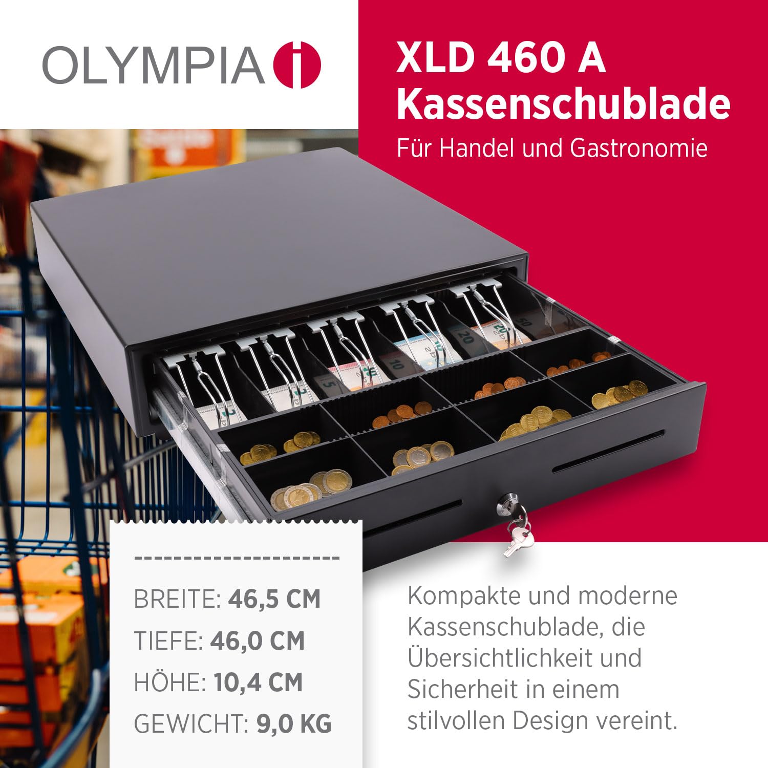 Olympia XLD 460A Kassenschublade | 8 Münzfächer & 5 Scheinfächer für Banknoten | Kassenlade für RJ-12 12-24 | Geldlade aus Metall | Registrierkasse Zubehör | Kassenschublade unterbau 46,5x46x10,4 cm