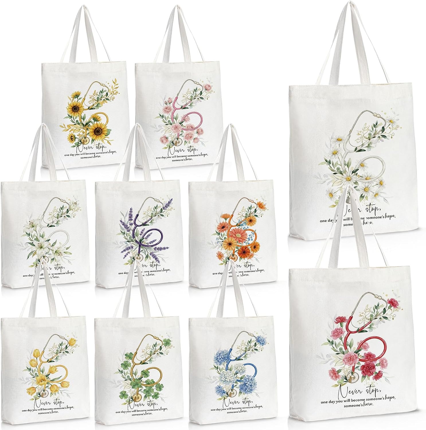 Sieral 10 Pcs 2026 Nurse Week Teacher Appreciation Gift Inspirational Tote Bag Canvas Bag Gift for Nurses Mothers Day Women(Rainbow)