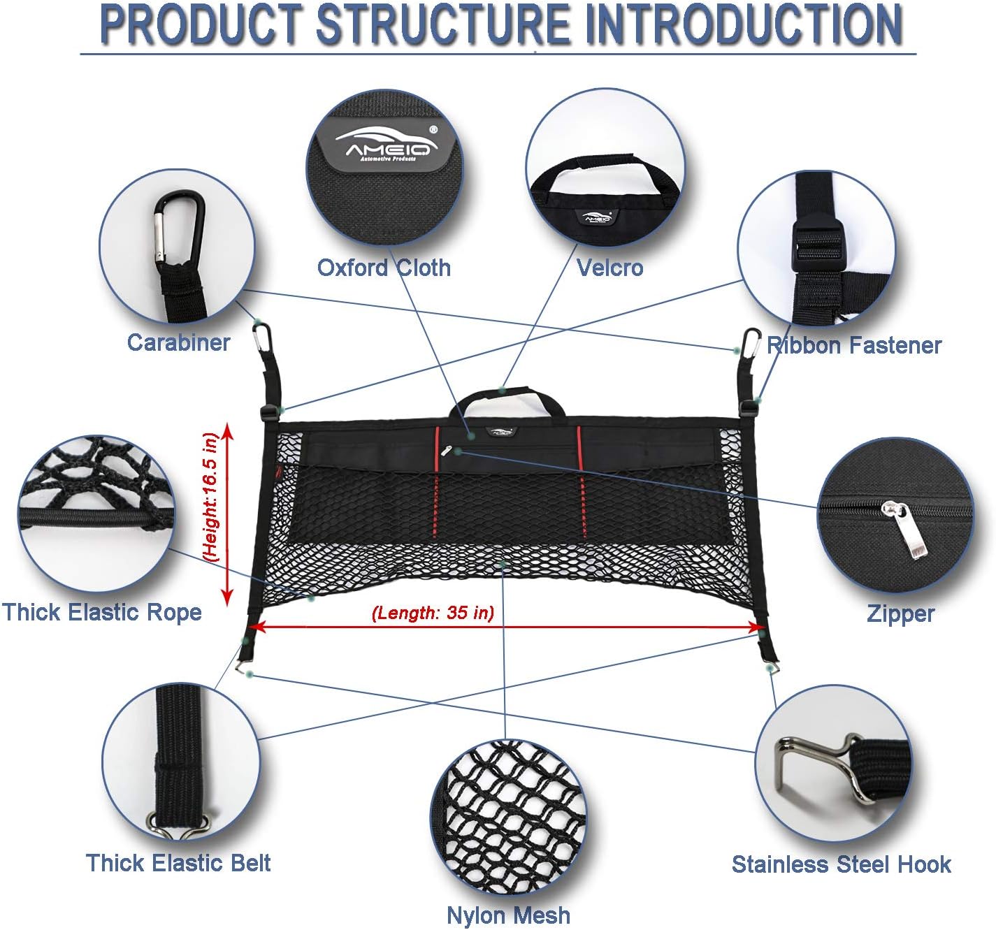 AMEIQ Car Trunk Organizer, Elastic Cargo Nets Bag, Seat Back Mesh Storage, Hanging Netting Holder for Toys Tools Cloth Groceries, Fit for Most SUVs, Patenting