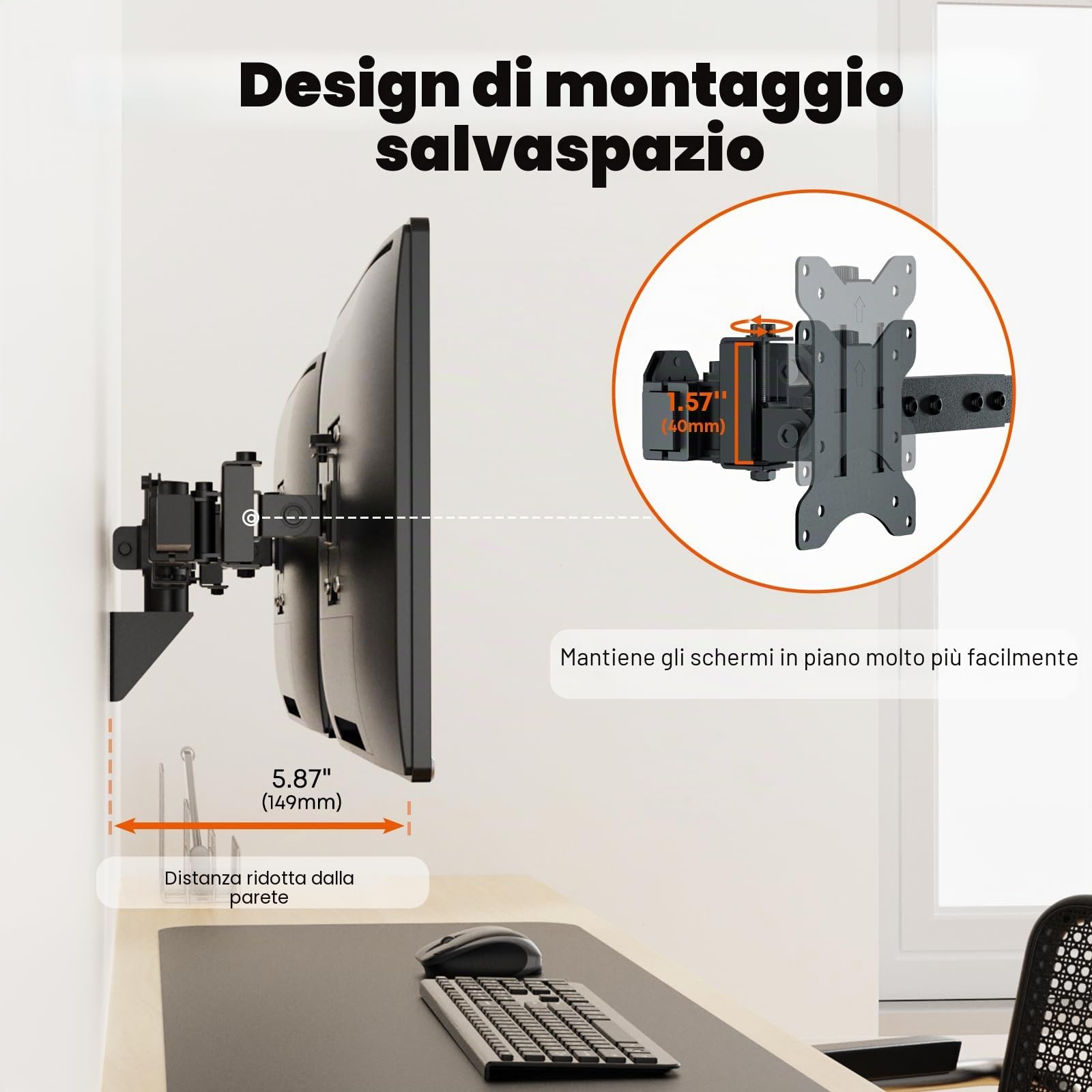 PUTORSEN Supporto da parete ultra ampio da 24 a 38 pollici, supporto da parete per monitor full motion a doppia parete per monitor fino a 10 kg, VESA 75/100 mm, nero