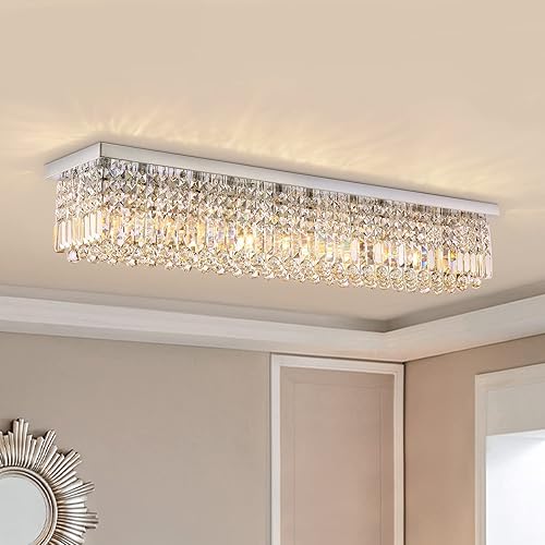 Siljoy Rectangle Chandelier, Modern Crystal Raindrop Chandelier with K9 Crystal, 10-Lights Flush Mount Ceiling Lights Fixture L47 X W10 X H10