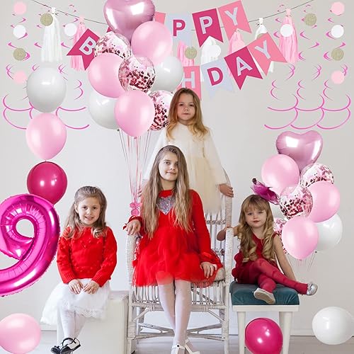 Miniatura 3 de Decoraciones de cumpleaños número 9 para niñas, globos de feliz cumpleaños rosa y blanco, suministros de fiesta de 9 cumpleaños para hija, sus