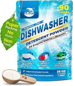 LMJP Dishwasher Detergent Powder + Booster, Plant-Based Enzymes, 90 Loads