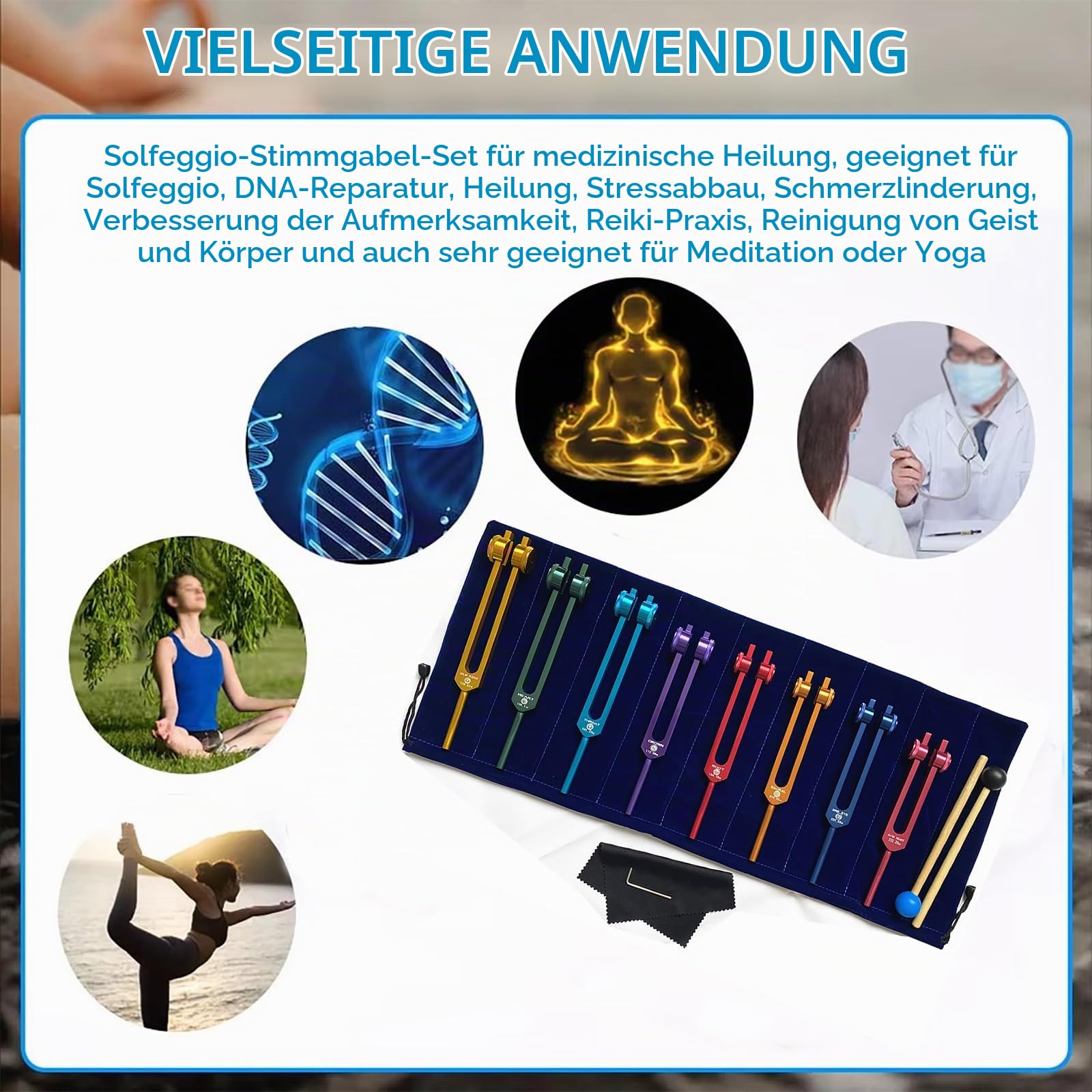 NEWFUN Stimmgabel Set, Stimmgabel Therapie, 8-Teiliges Stimmgabel-Set, Chakra-Stimmgabel-Set, Für Therapeutische Klangtherapie, Ausgleichende Schwingungen, 2 x Silikonhämmer, 1 x Beutel