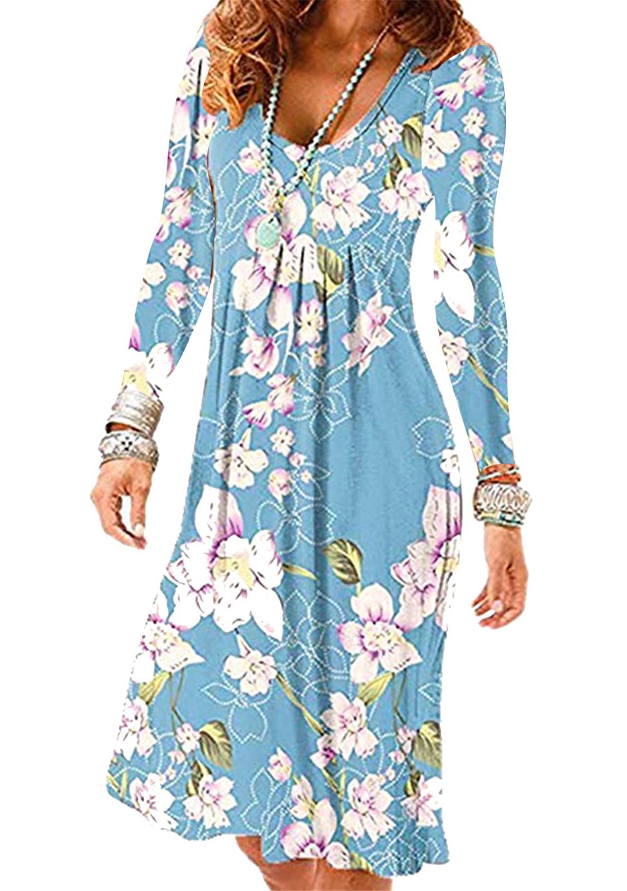 YMINGWomen's Pleated Dress Casual Long Sleeve Dress Crew Neck Dresses XS-3XL