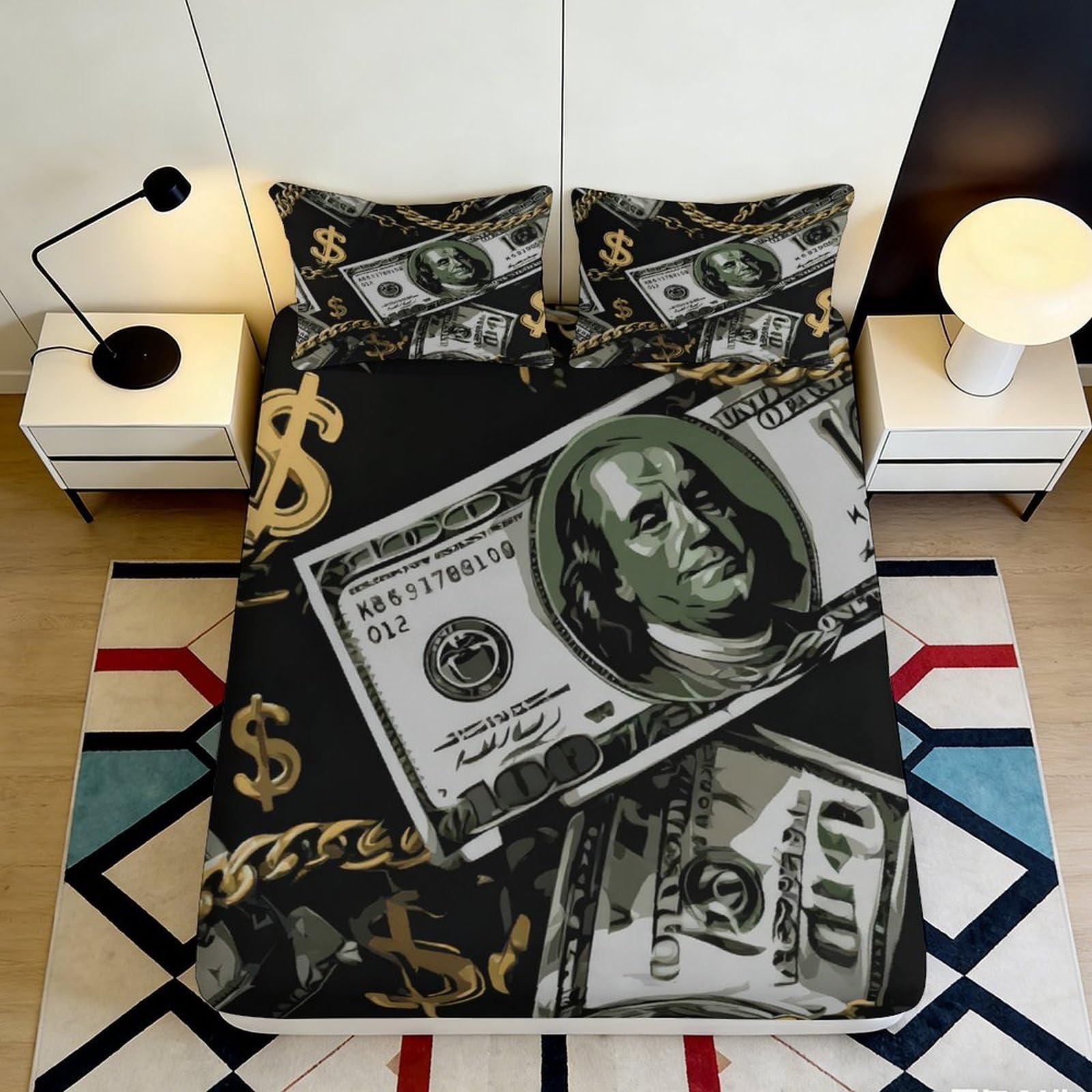 3D Printed Dollar Bill Fitted Sheet Microfiber Durable Soft Black Money Pattern Bed Cover for Bedroom Dormitory Guest Room Mattress Protection 160x200x25cm