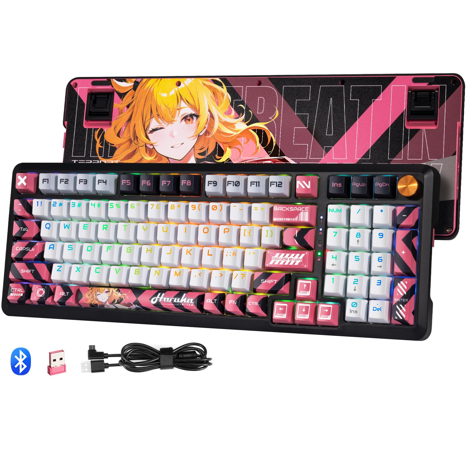 TERPORT HARUKA Teclado Mecánico Inalámbrico Anime, Teclado Gamer de 3 Modos en BT/2.4G/Cable, Teclado Gasket Estructura y Almohadillas Absorbentes,Perilla Dedicado y Luz RGB, Keyboard TR98H Win/Mac