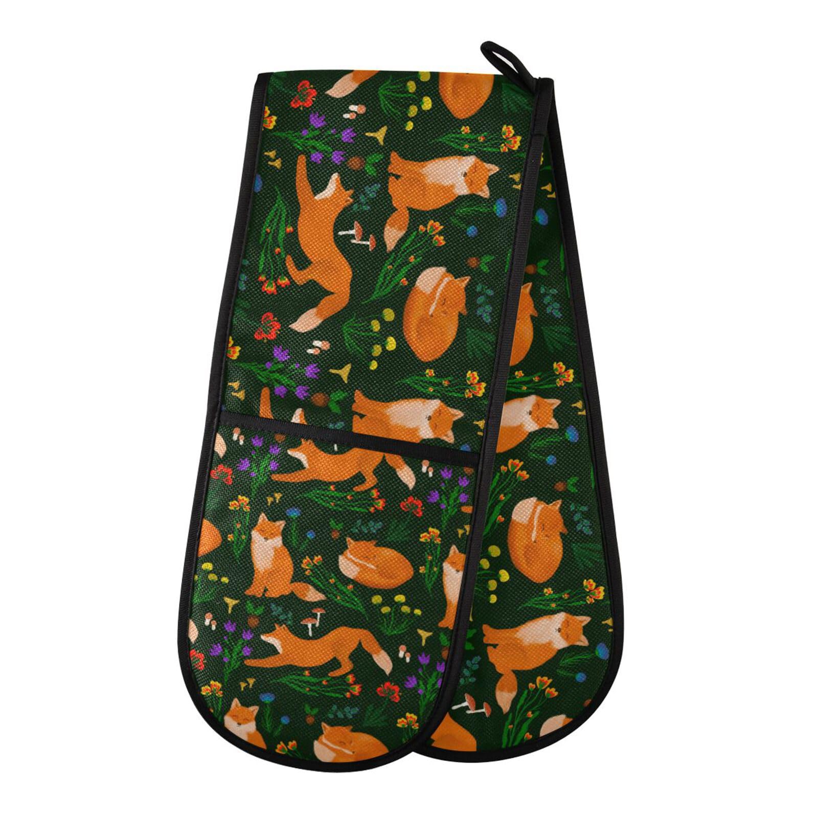 Double Oven Gloves Heat Resistant Fox Flower Leaf Double Oven Mitts Pot Holder Heat Protection Oven Gloves for Home Kitchen Baking Cooking BBQ Microwave