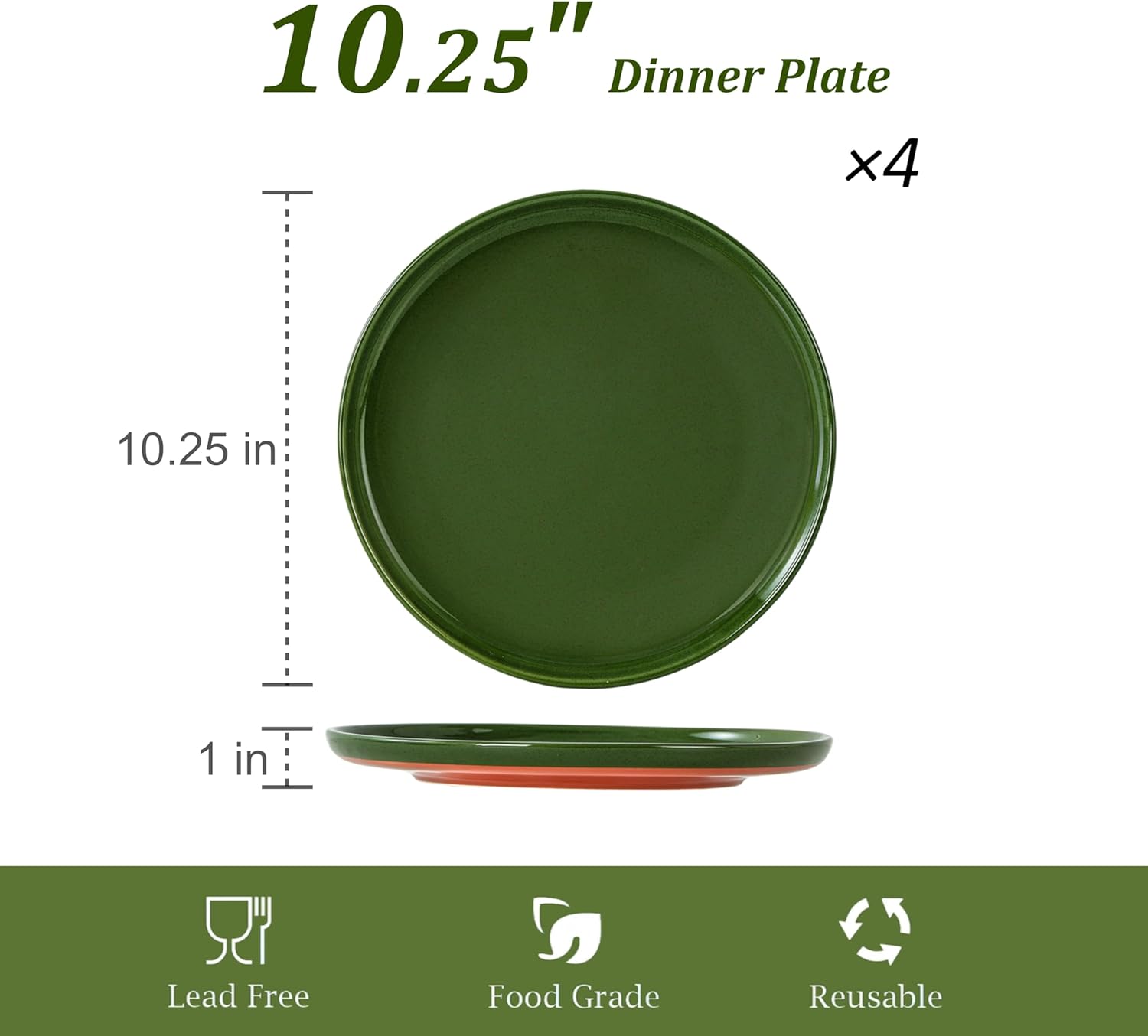Ceramic Dinner Plates, 10.25 Inch Flat Dish Set for 4, Perfect for Family and Entertaining, Microwave & Dishwasher Safe, Dinner Dishes for Steak, Sandwiches, Pizza,Pasta, Elegant Green