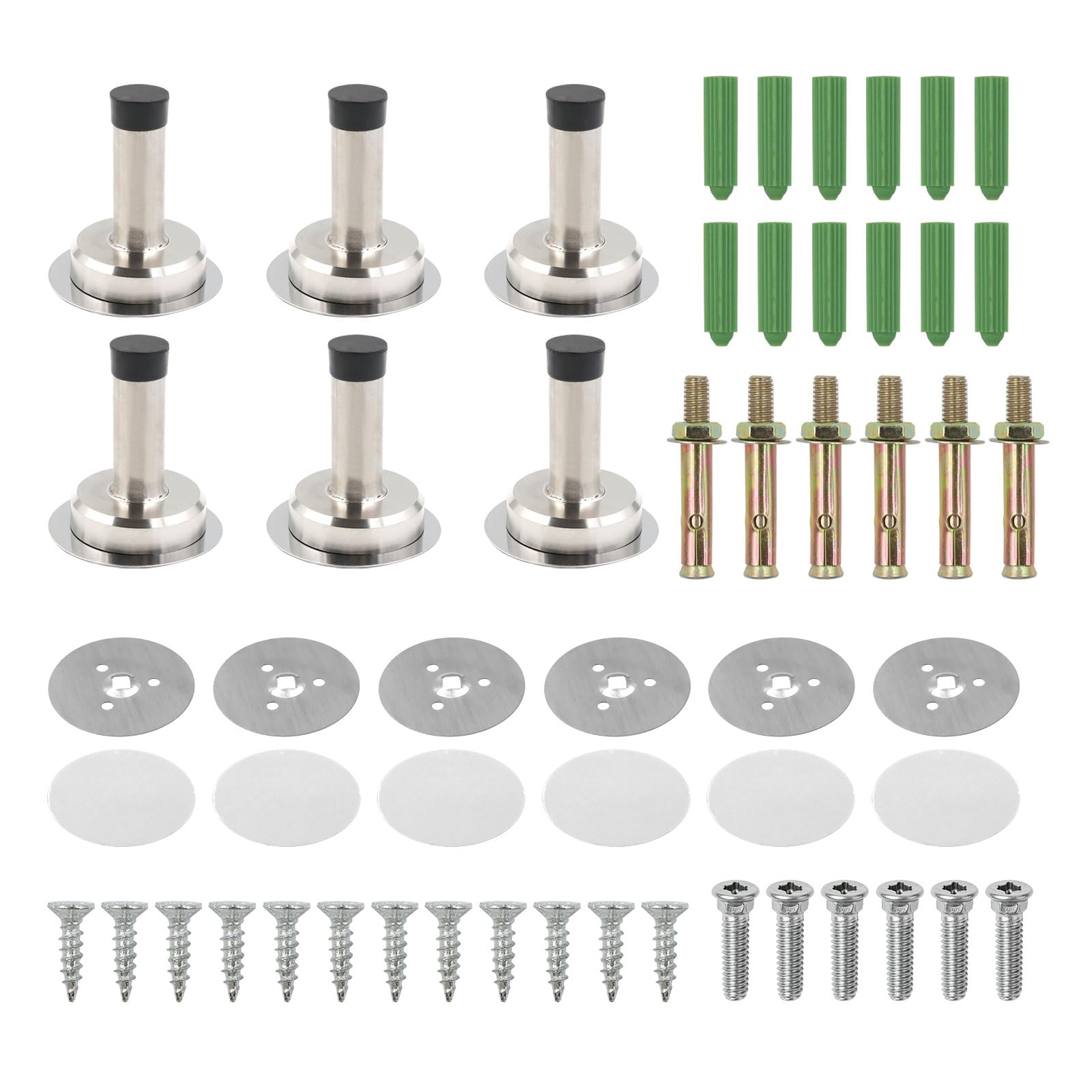 Wealsun 6Pcs Silver Door Stopper, Adhesive Mounted Stainless Steel Door Stops with Rubber Buffer, Heavy Duty Wall Mounted Door Stoppers, Suitable for Indoors.