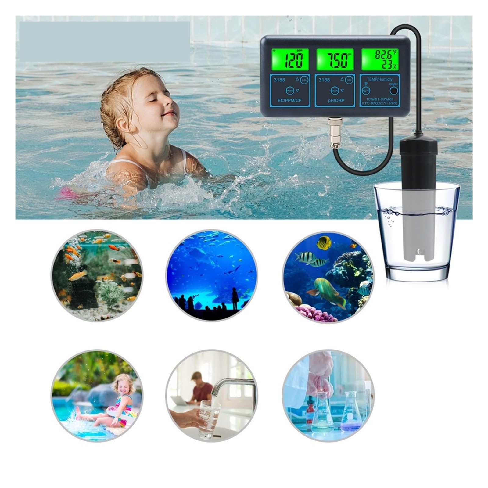 Tester TDS, Tester di qualità dell'Acqua 7 in 1 abilitato, Monitor Digitale Temperatura e umidità PH TDS ORP EC CF for Acquario