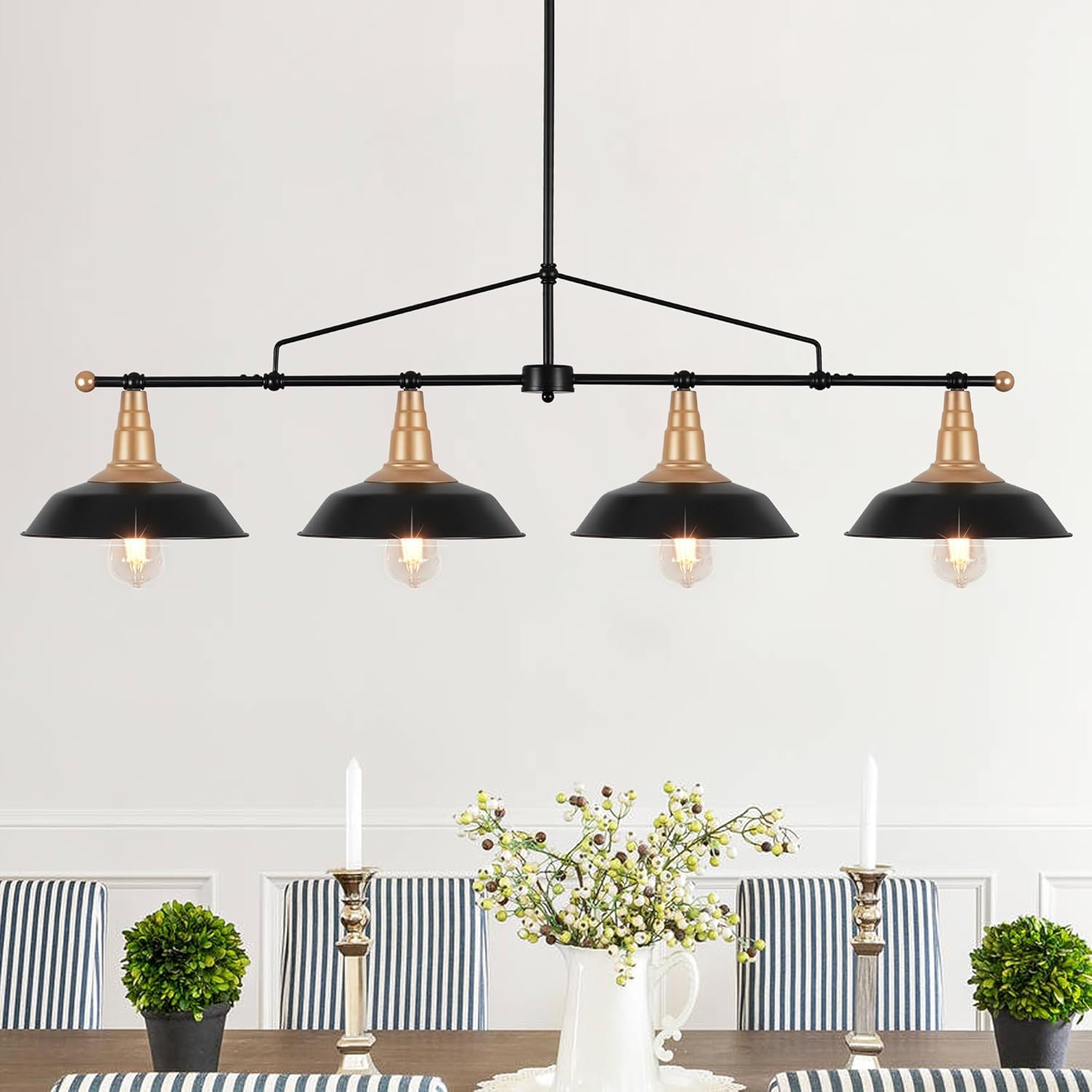 Linear Chandelier Black and Gold Dining Room Light Fixture 4-Light Modern Linear Chandelier Black Industrial Kitchen Island Lights 48'' Farmhouse Chandeliers for Dining Room Pool Table