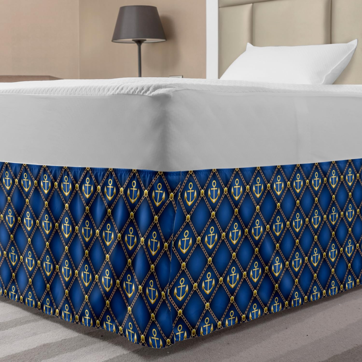 Lunarable Royal Blue Elastic Bed Skirt Nautical Anchor Maritime Pattern Pirate Sea Ocean Chains Symbolic Image Wrap Around