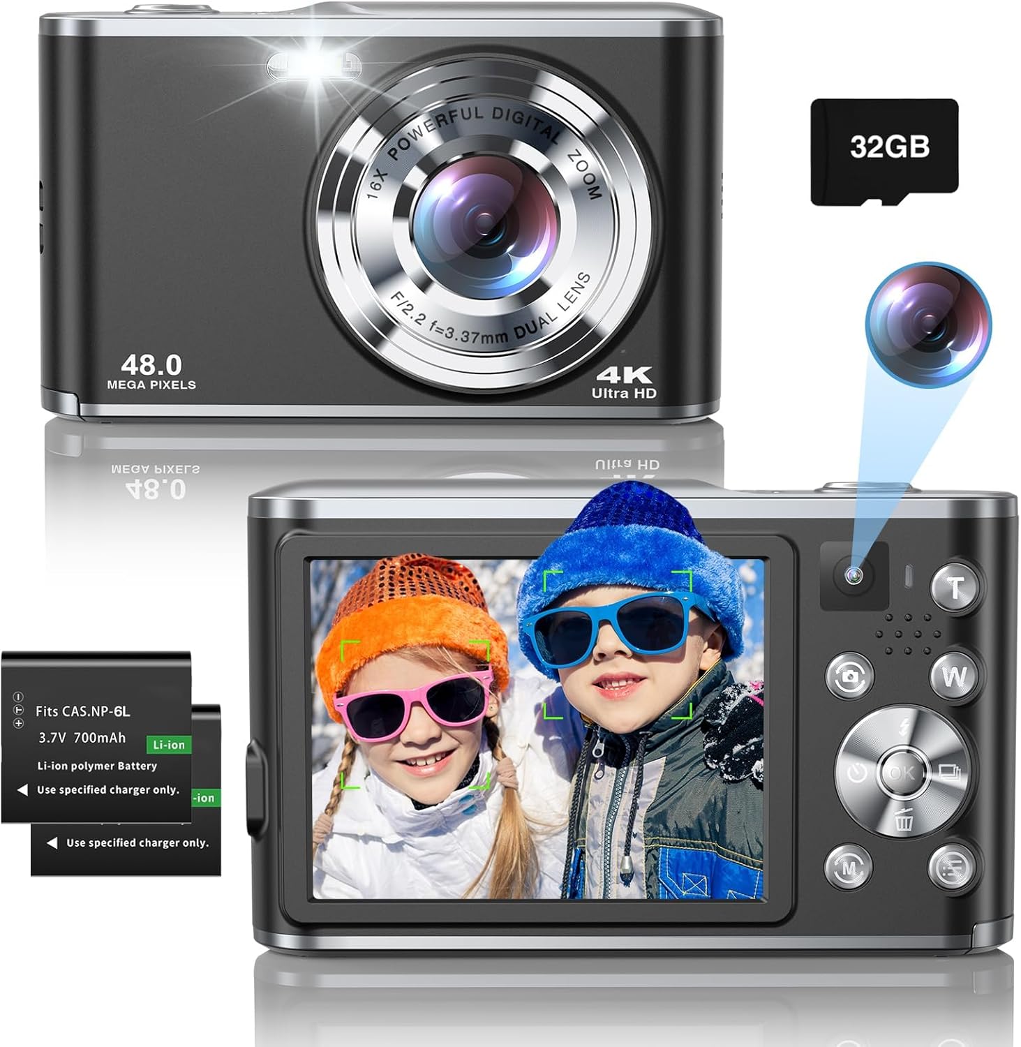 4K Digitalkamera mit Dual-Kamera 48MP AutoFocus Fotoapparat Digitalkamera mit 32GB Karte 16X Digital…