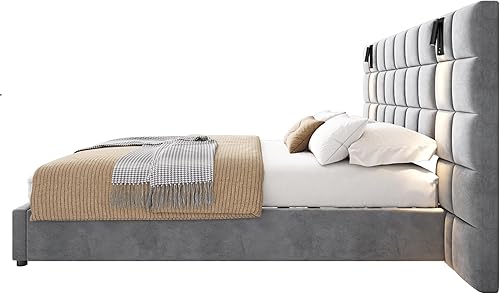 Miniatura 6 de Base de cama tamaño King con cabecero de 46 pulgadas de alto, plataforma tapizada de terciopelo, cabecera de tela suave copetuda, lámparas de