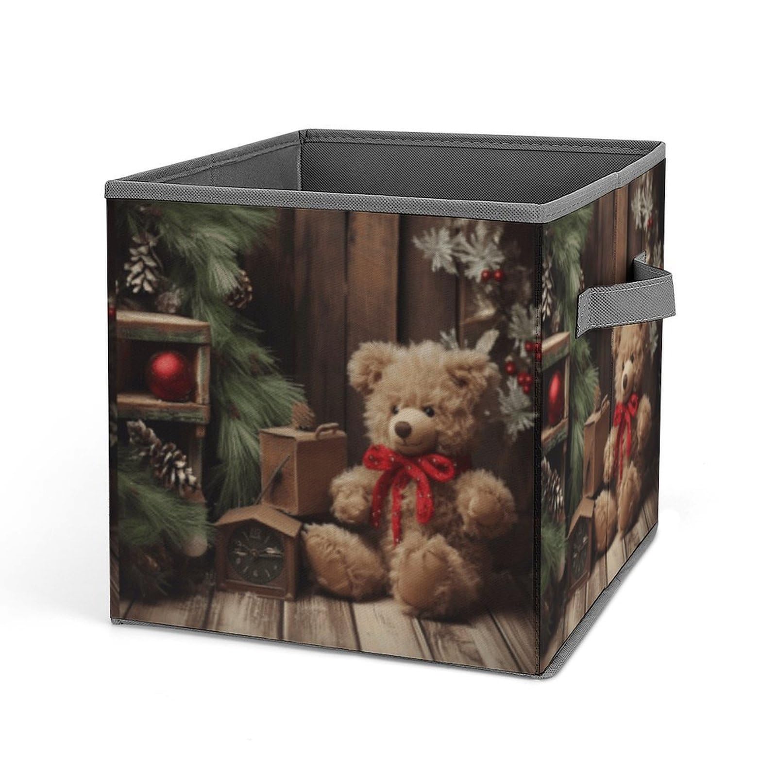BTCOWZRV Xmas Tree Branch Bear Doll Cube Storage Bins - 11 Inch Heavy Duty Fabric Closet Bins for Shelves, Cube Organizer - Collapsible Storage Boxes with Handle Decorative Clothing Storage Baskets