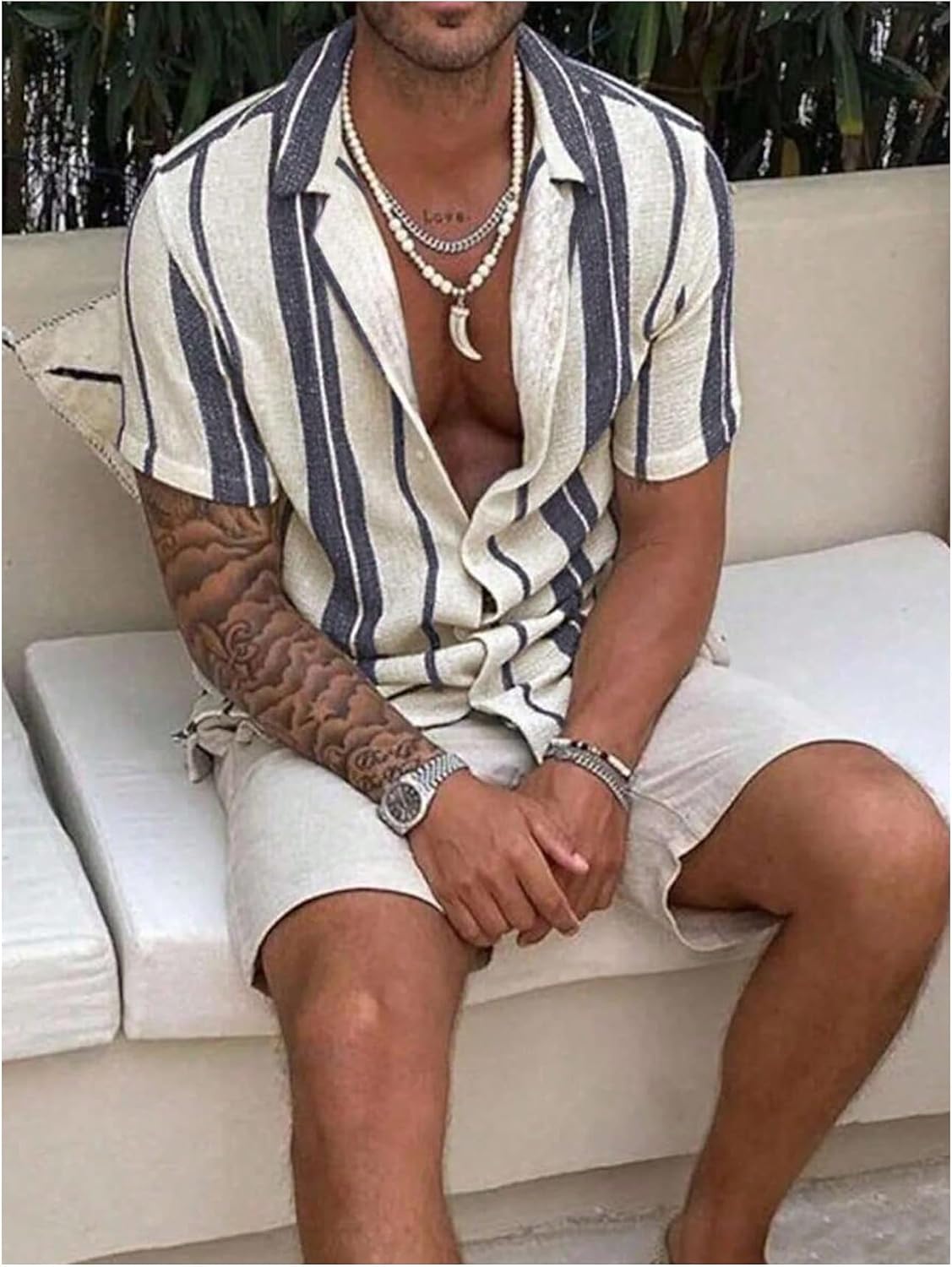 SHENHE Men's 2 Piece Outfits Striped Button Down Short Sleeve Cuban Shirt and Shorts Beach Set