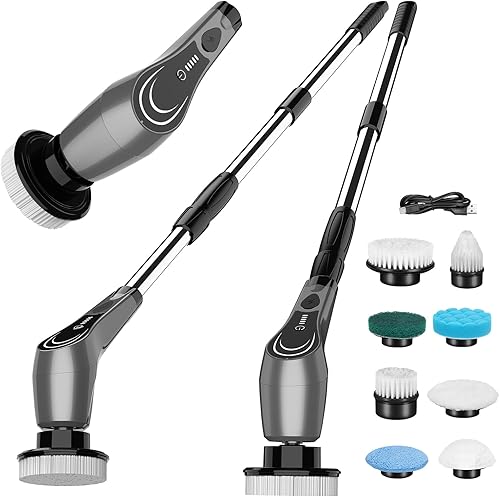 Limpiador giratorio eléctrico gris, limpiador giratorio inalámbrico con 8 cabezales de cepillo reemplazables, cepillo eléctrico con mango de