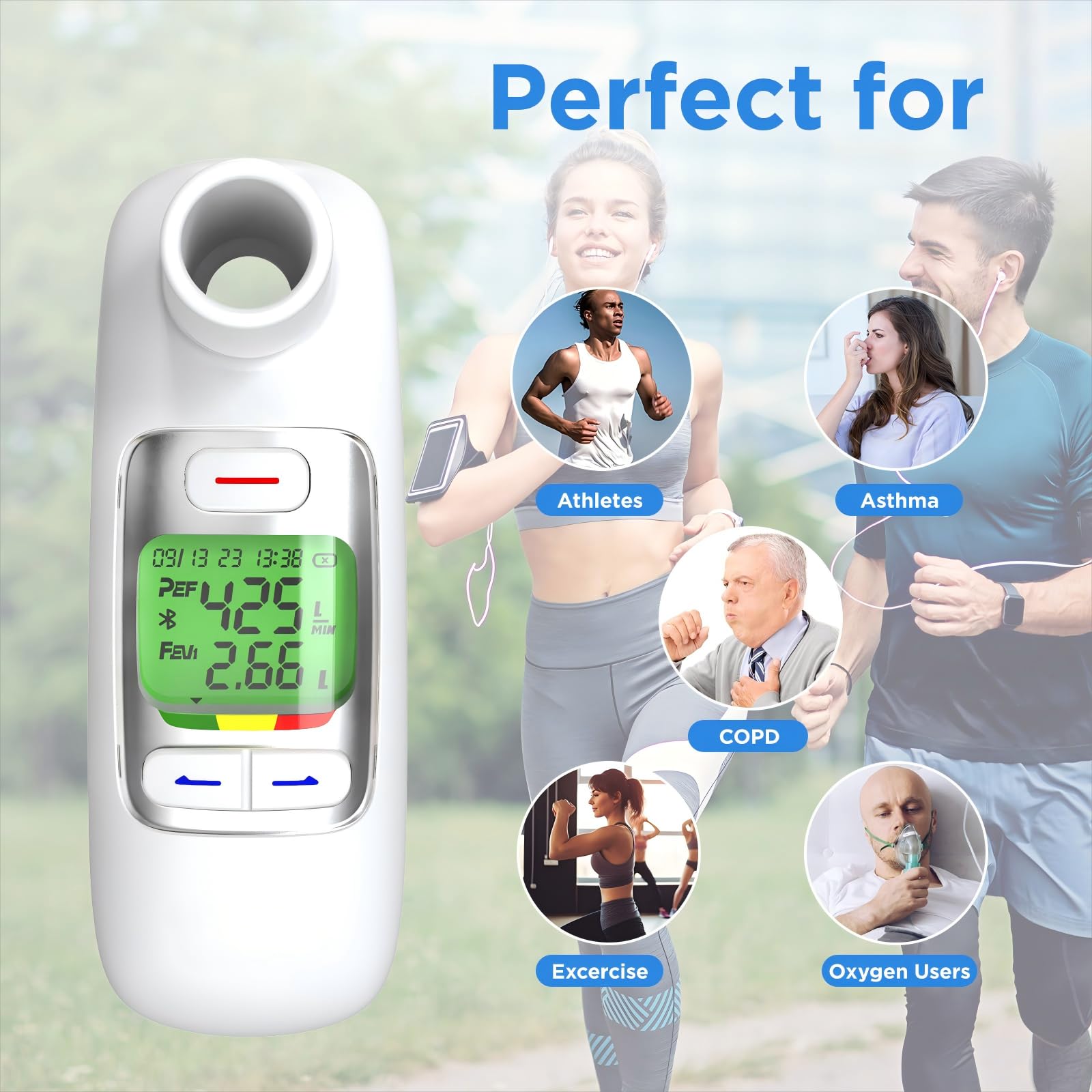 Peak Flow Meter 2.0 z Bluetooth, dla dorosłych i dzieci, do monitorowania czynności płuc, 300 danych histotycznych z czasem, dla astmy POChP, PEF i FEV1, symbol ryzyka, aplikacja