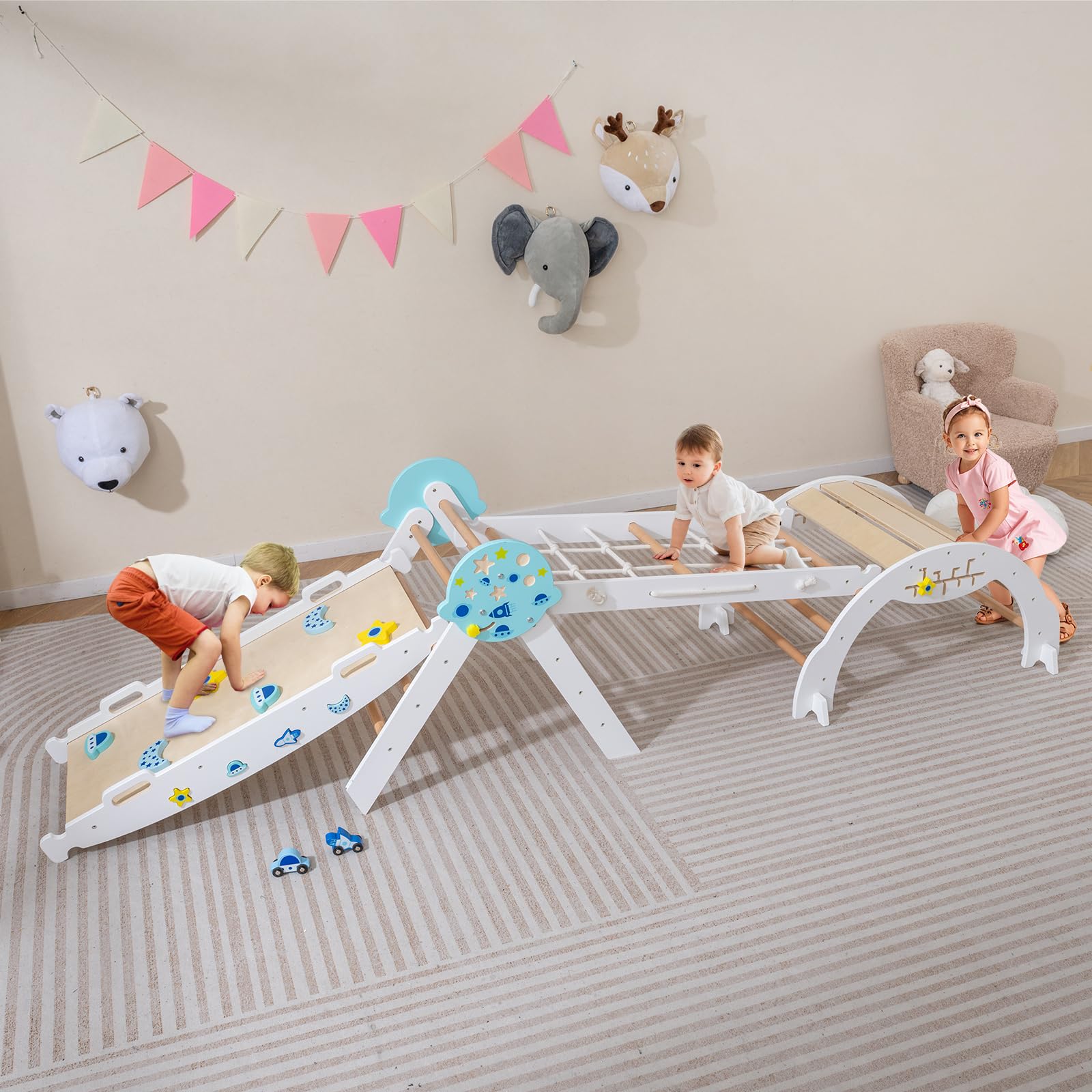 HOMASIS 4 en 1 Triángulo de Escalada Montessori, Estructura para Escalar con Arco, Rampa, Cuerda y Escalera, Área de Juegos Educativa para Niños a Partir de 3 Años. (Color Blanco)